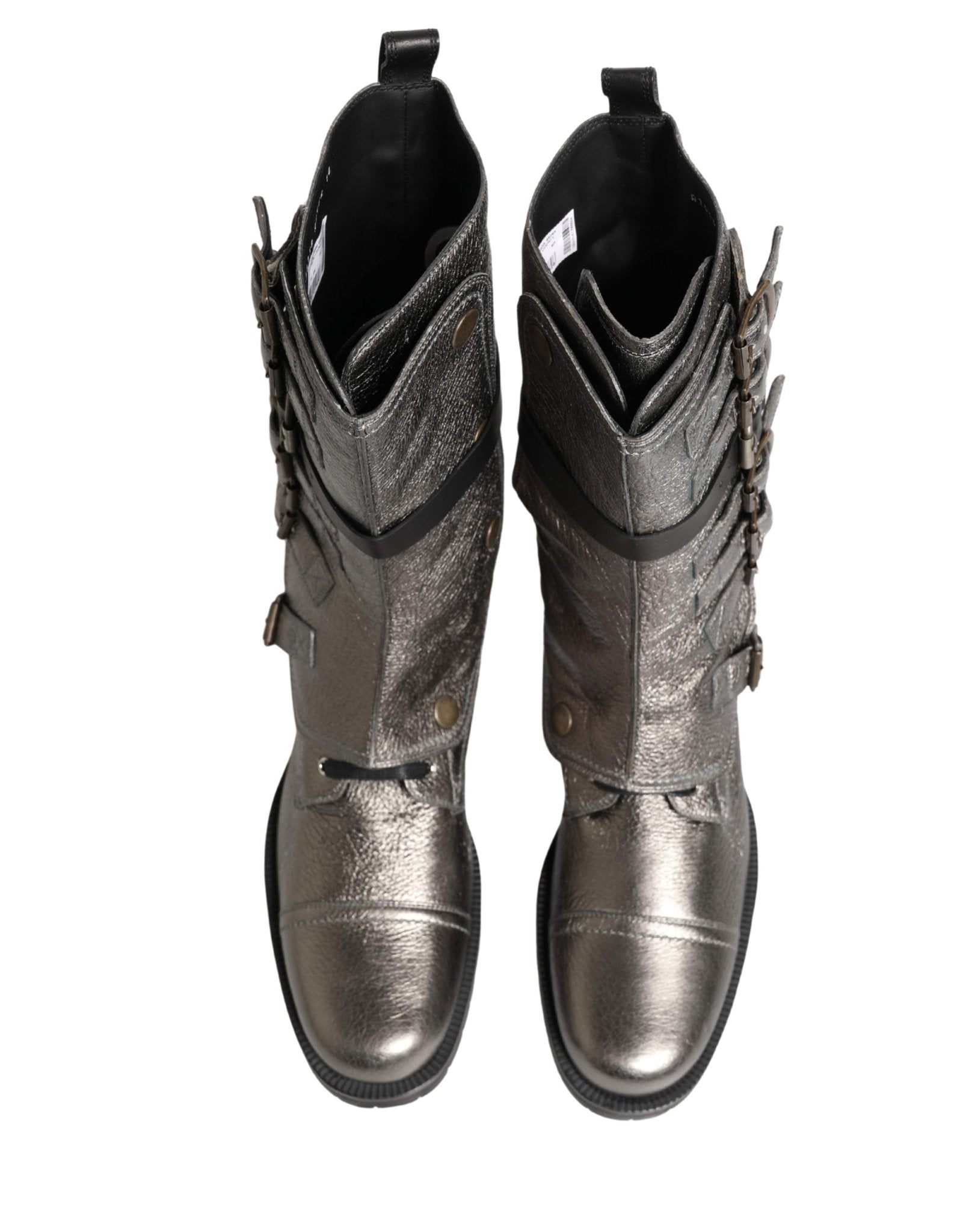 Dolce & Gabbana Metallic Silver Combat Biker Mid Calf Boots Shoes - RIMODA