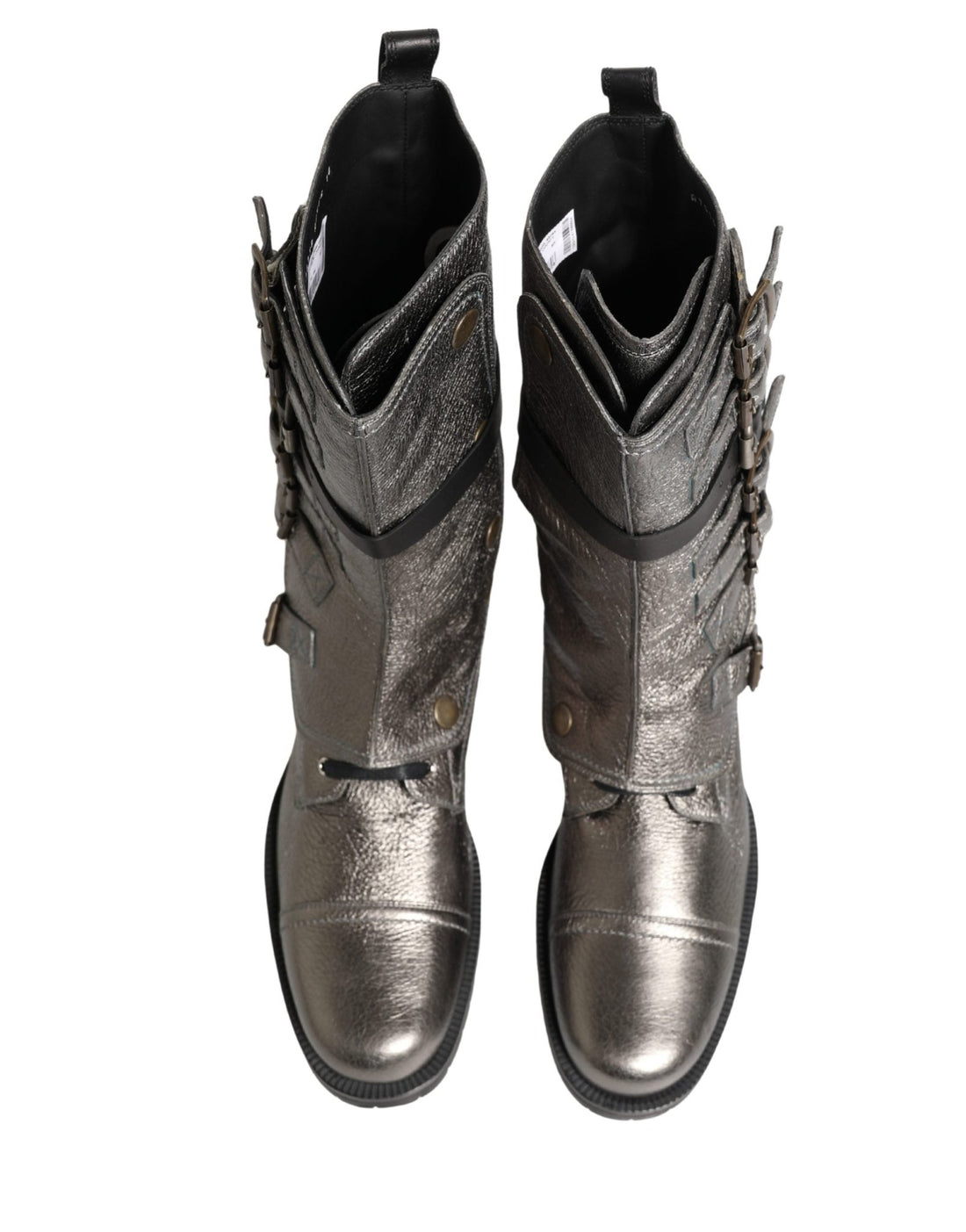 Dolce & Gabbana Metallic Silver Combat Biker Mid Calf Boots Shoes - RIMODA
