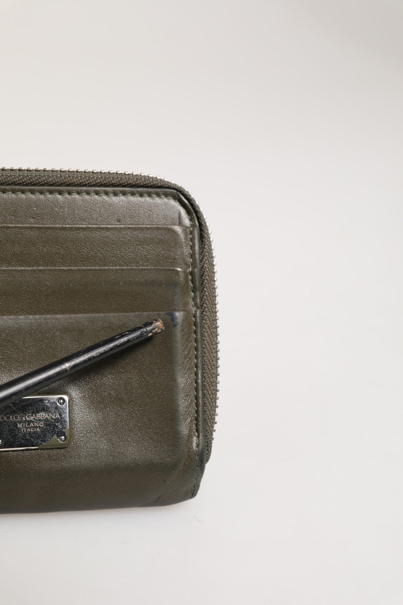 Dolce & Gabbana Military Green Leather Logo Plaque Card Holder Coin Purse Wallet - RIMODA