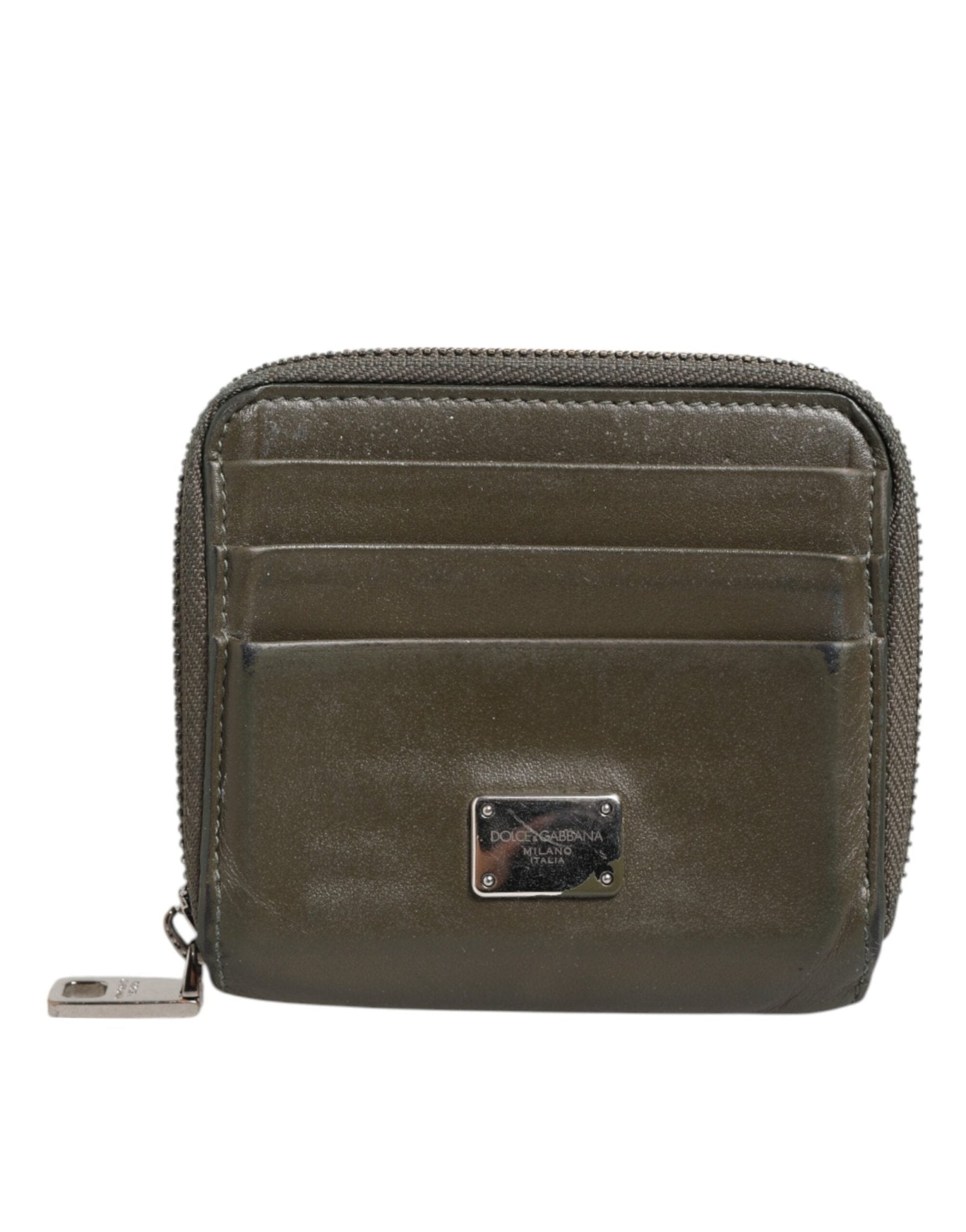 Dolce & Gabbana Military Green Leather Logo Plaque Card Holder Coin Purse Wallet - RIMODA
