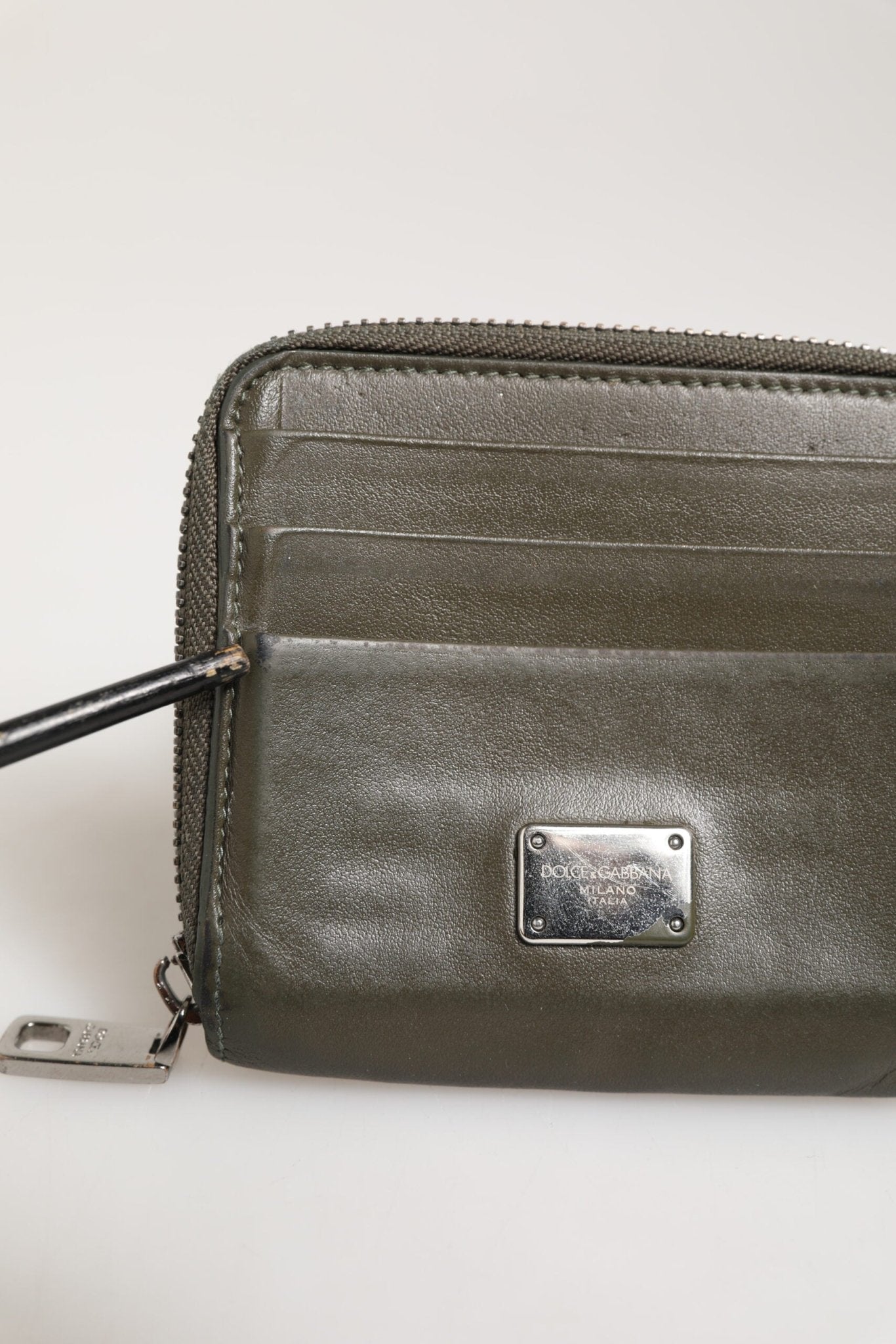 Dolce & Gabbana Military Green Leather Logo Plaque Card Holder Coin Purse Wallet - RIMODA