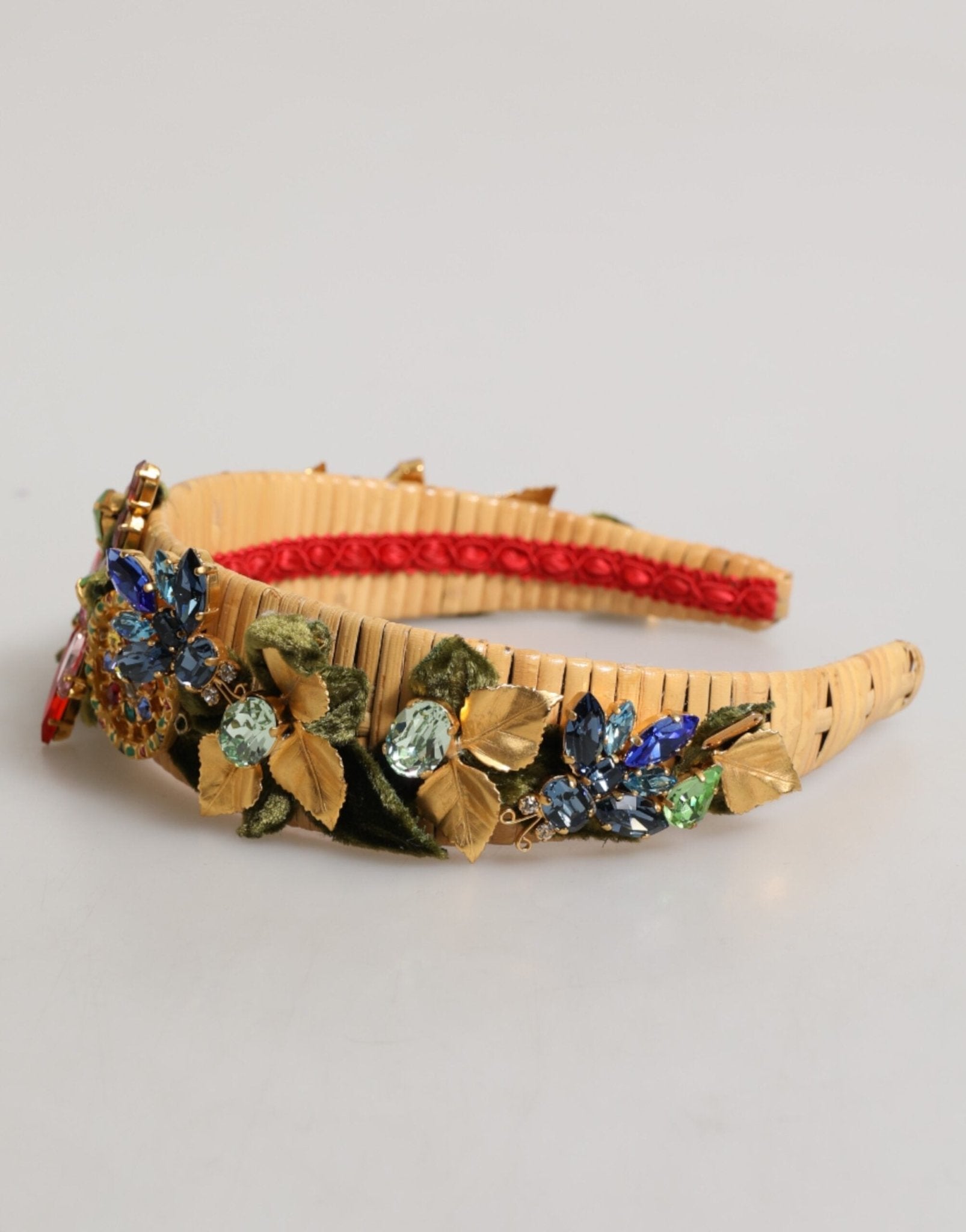 Dolce & Gabbana Multicolor Crystal Floral Gold Green Velvet Crown Headband - RIMODA