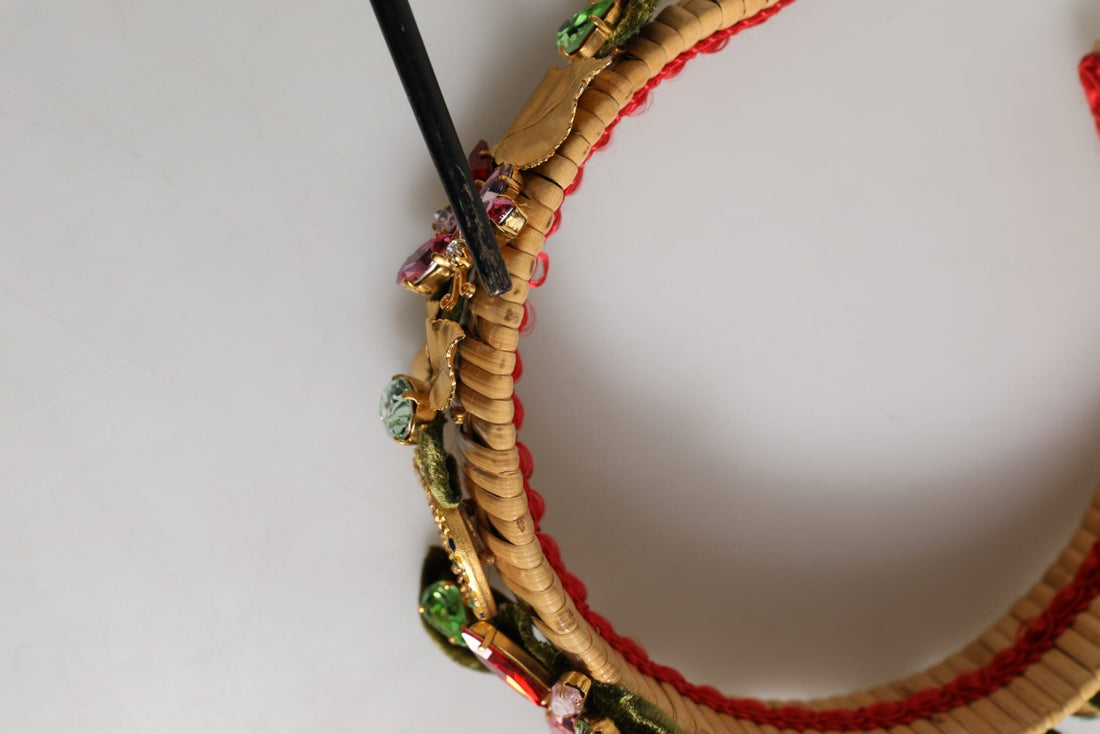 Dolce & Gabbana Multicolor Crystal Floral Gold Green Velvet Crown Headband - RIMODA