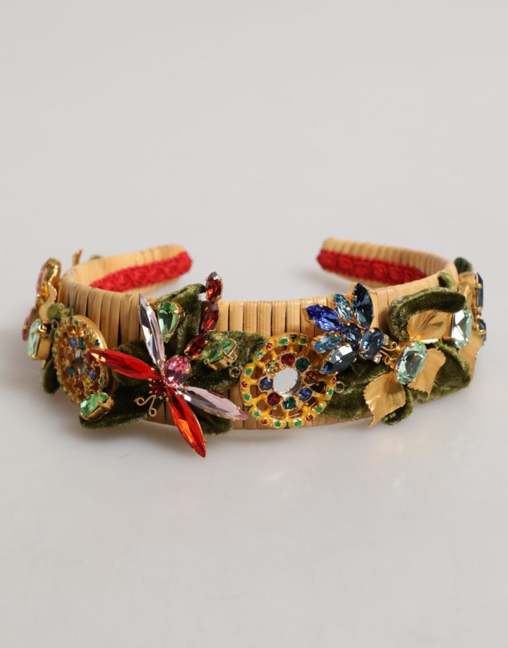 Dolce & Gabbana Multicolor Crystal Floral Gold Green Velvet Crown Headband - RIMODA