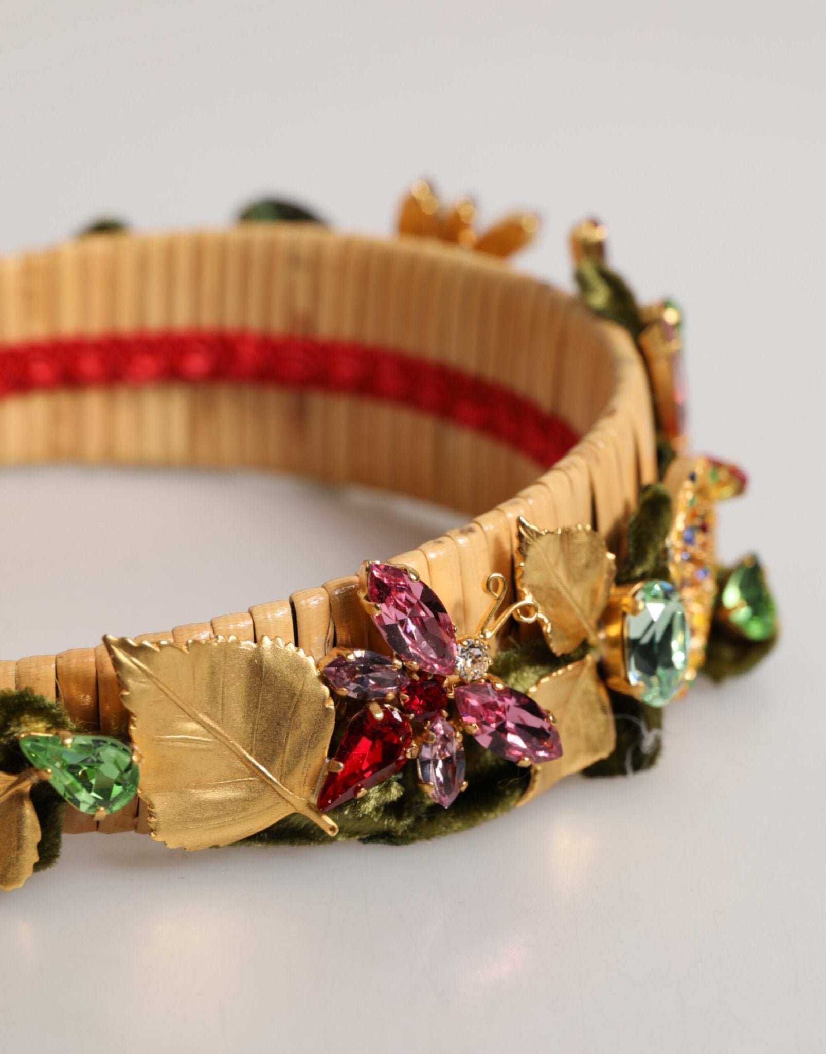 Dolce & Gabbana Multicolor Crystal Floral Gold Green Velvet Crown Headband - RIMODA