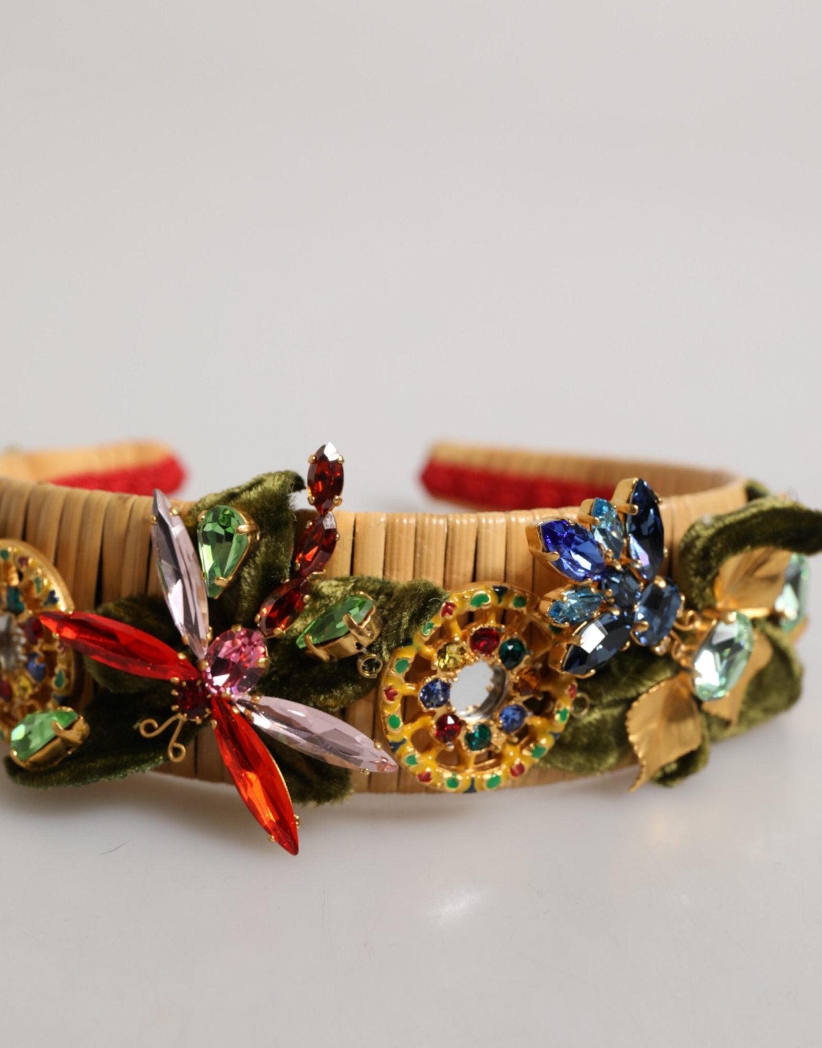 Dolce & Gabbana Multicolor Crystal Floral Gold Green Velvet Crown Headband - RIMODA