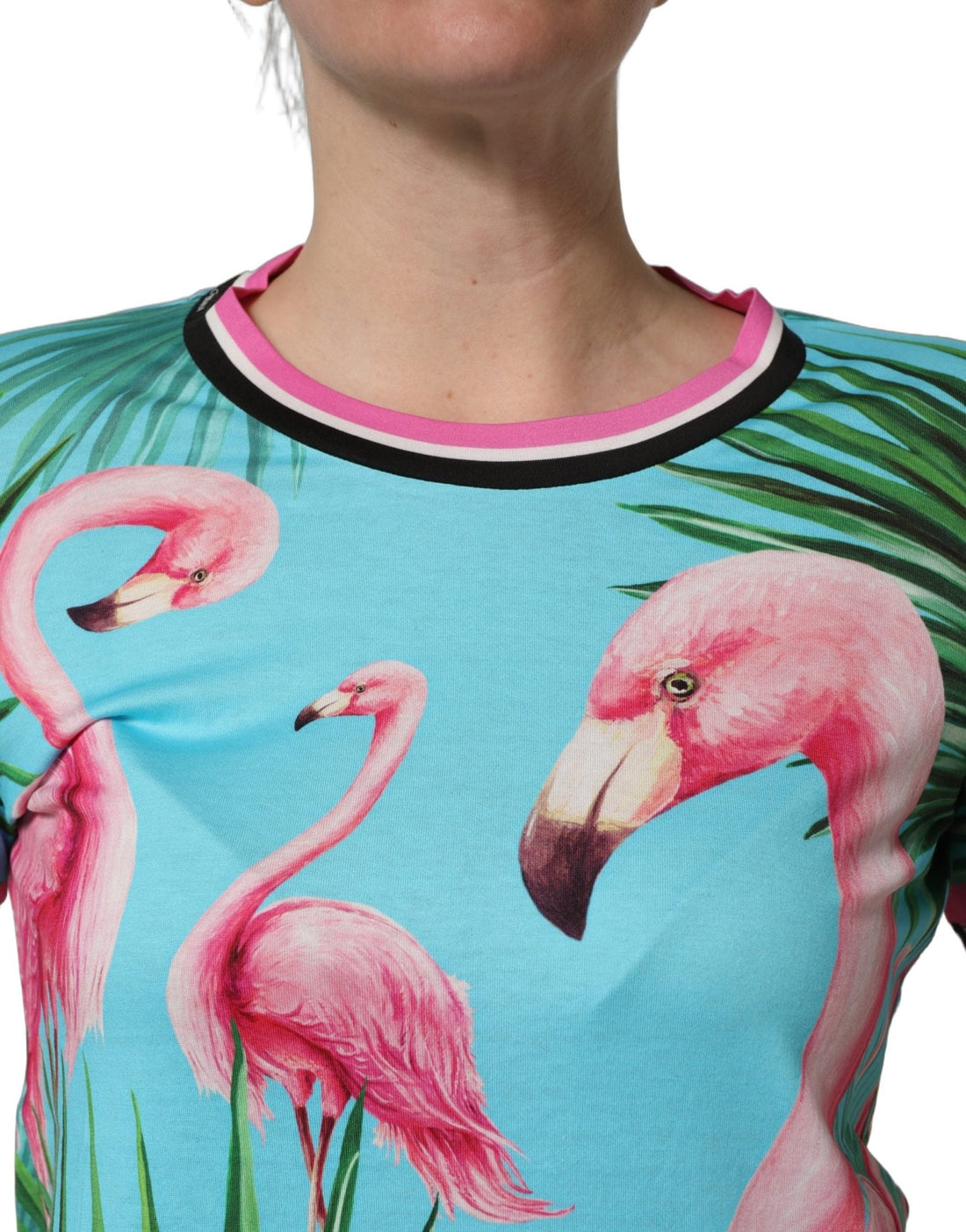 Dolce & Gabbana Multicolor Flamingo ZebraStriped Trim T-shirt - RIMODA
