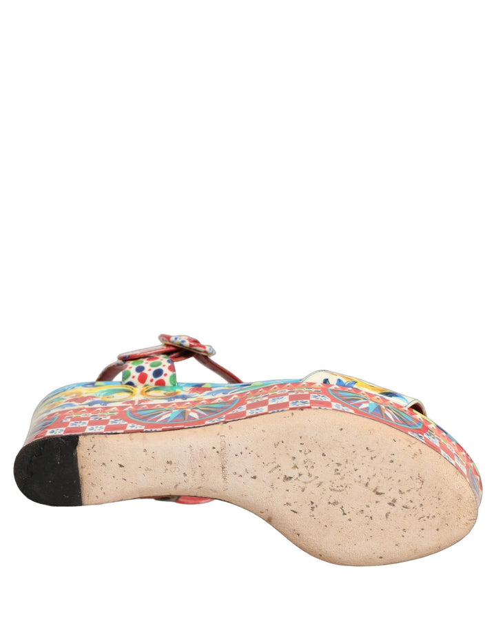 Dolce & Gabbana Multicolor Majolica Leather Wedge Sandals Shoes - RIMODA