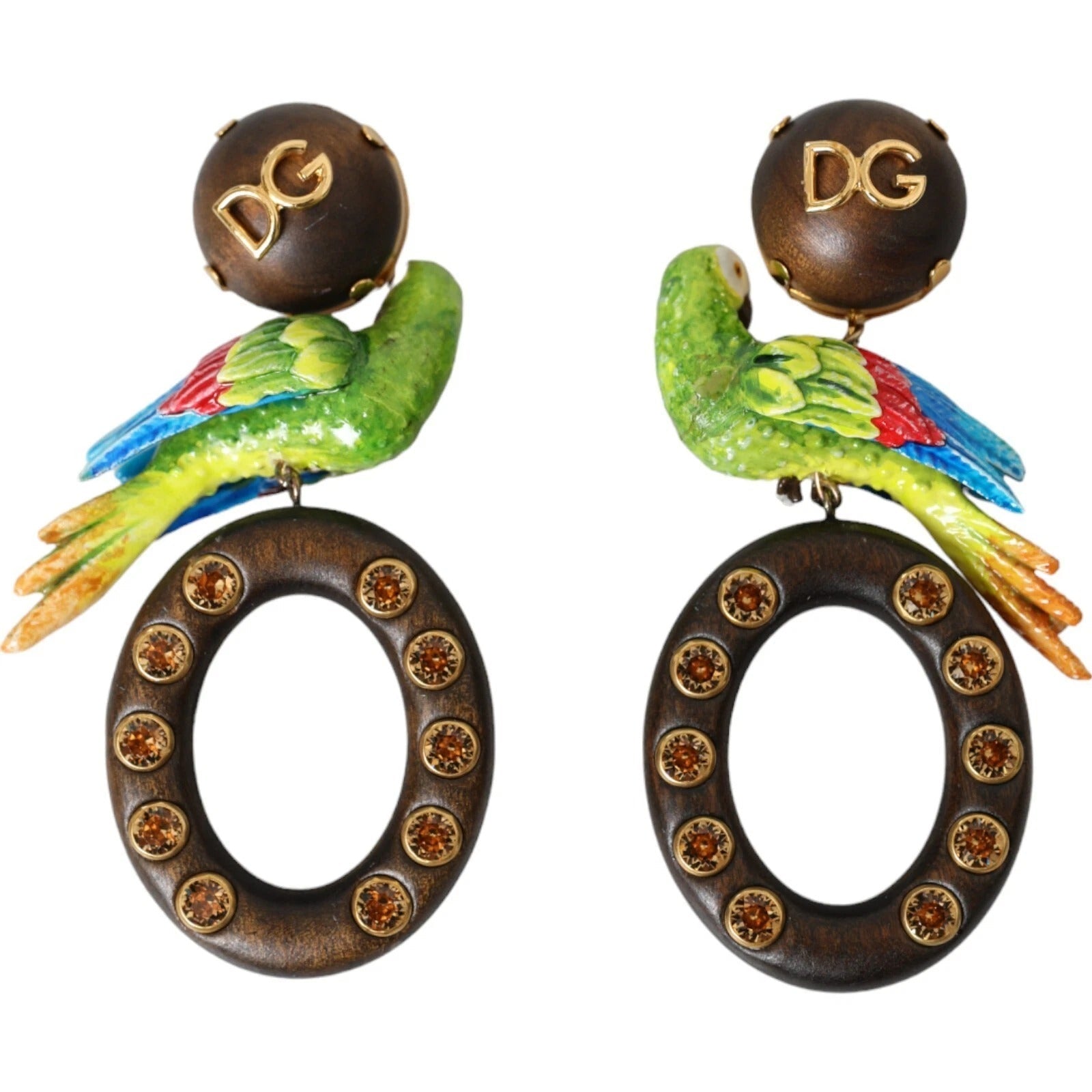Dolce & Gabbana Multicolor Parrot Wood Brass Crystal Embellished Earrings - RIMODA