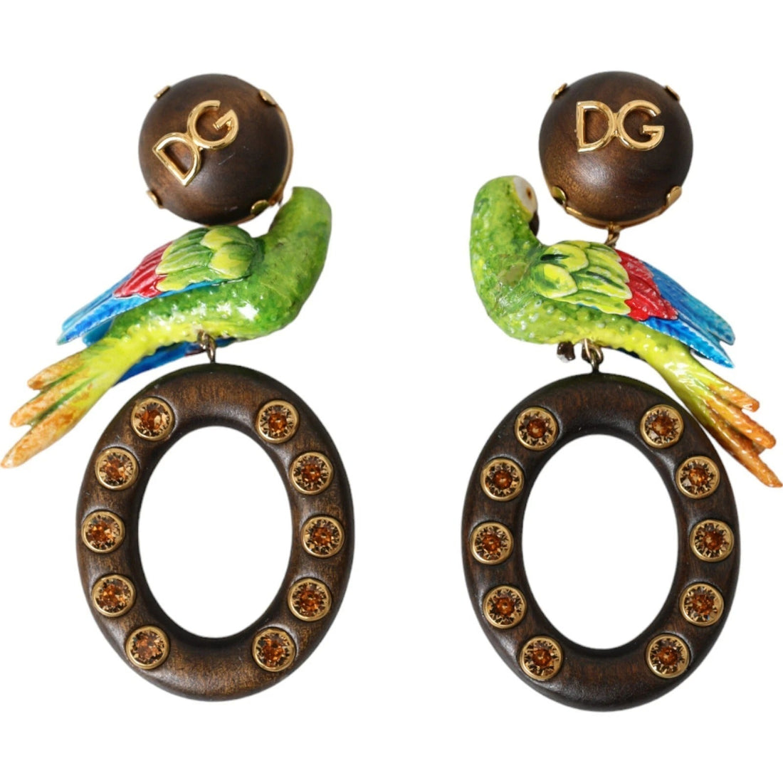 Dolce & Gabbana Multicolor Parrot Wood Brass Crystal Embellished Earrings - RIMODA