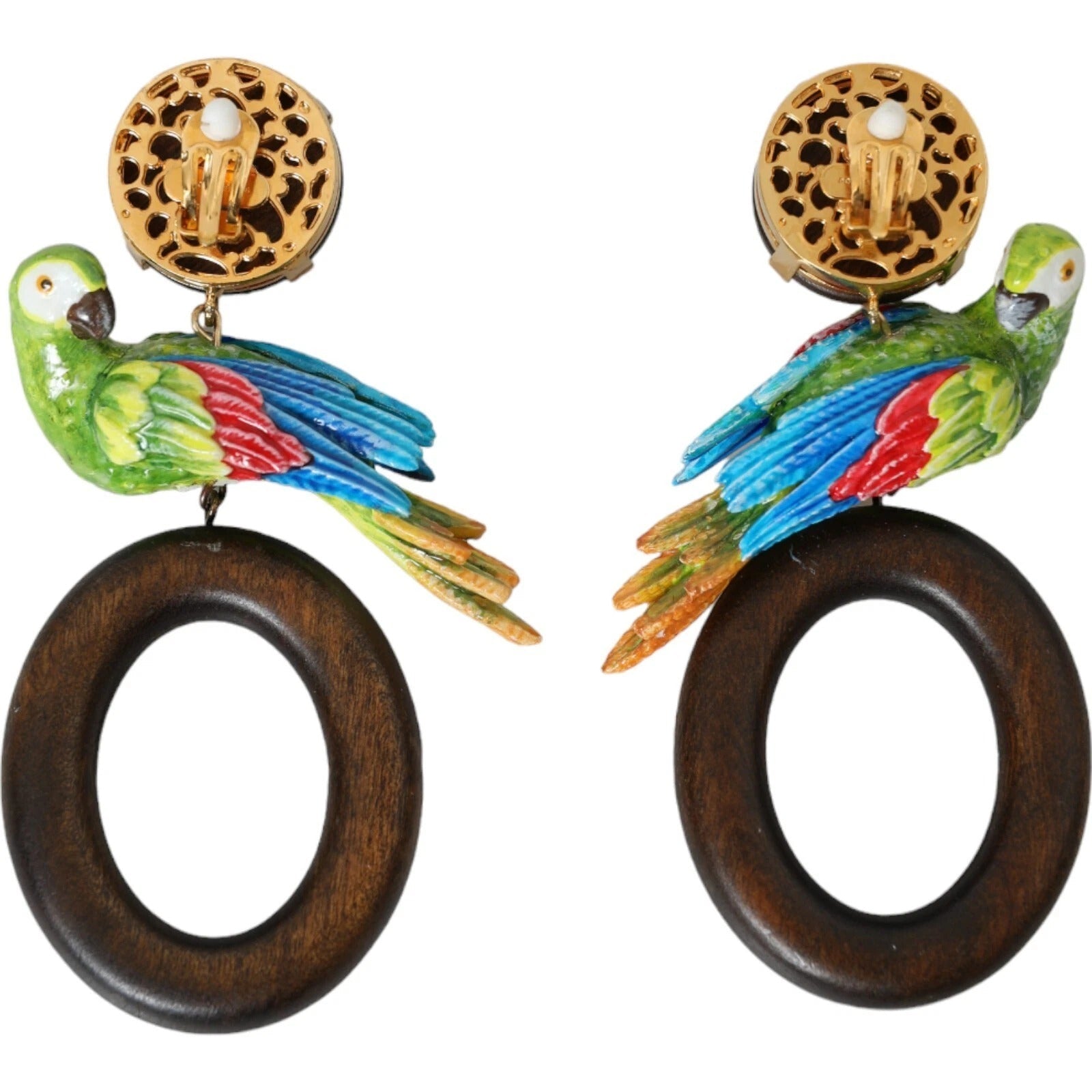 Dolce & Gabbana Multicolor Parrot Wood Brass Crystal Embellished Earrings - RIMODA
