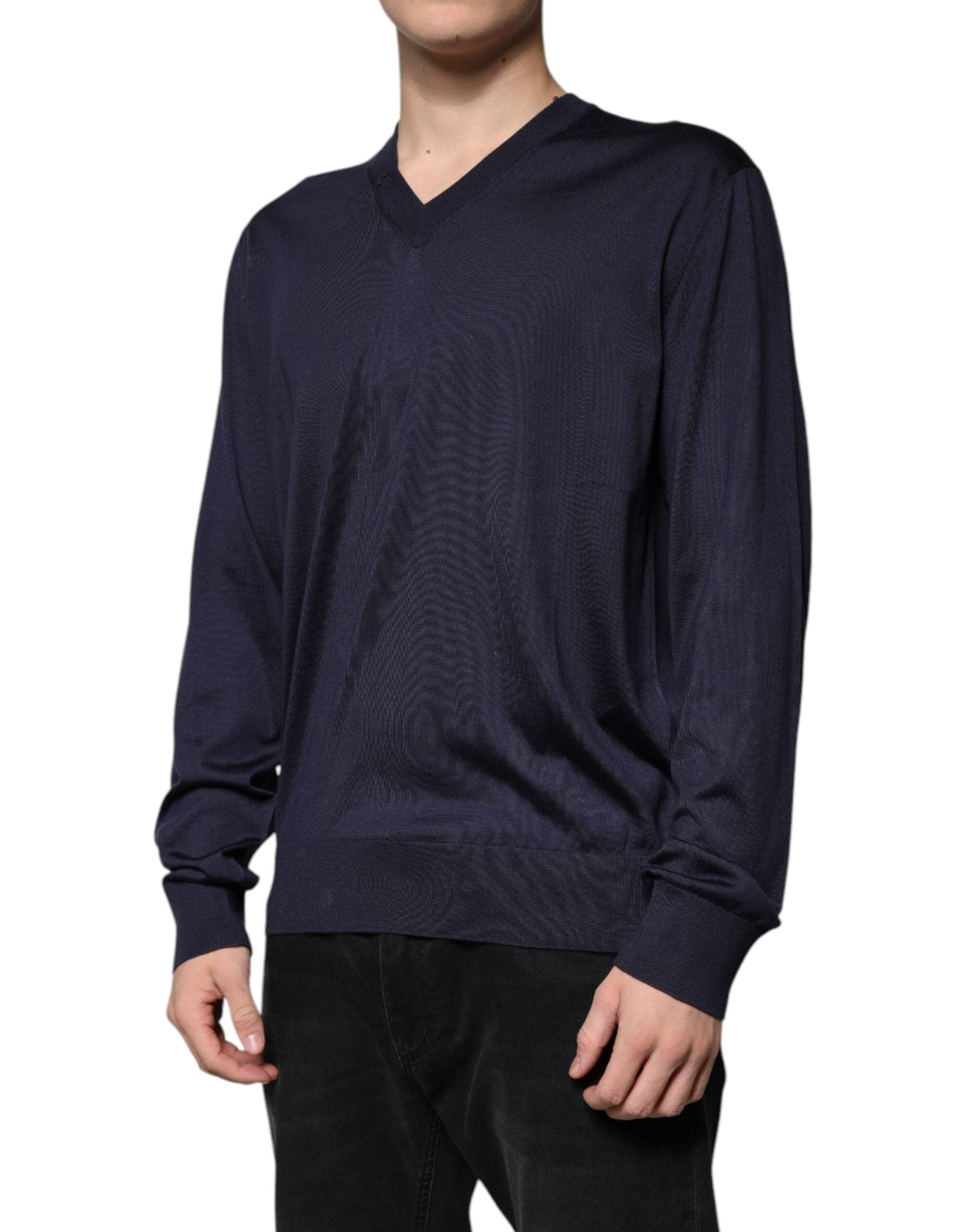 Dolce & Gabbana Navy Blue Silk V-neck Pullover Sweater - RIMODA