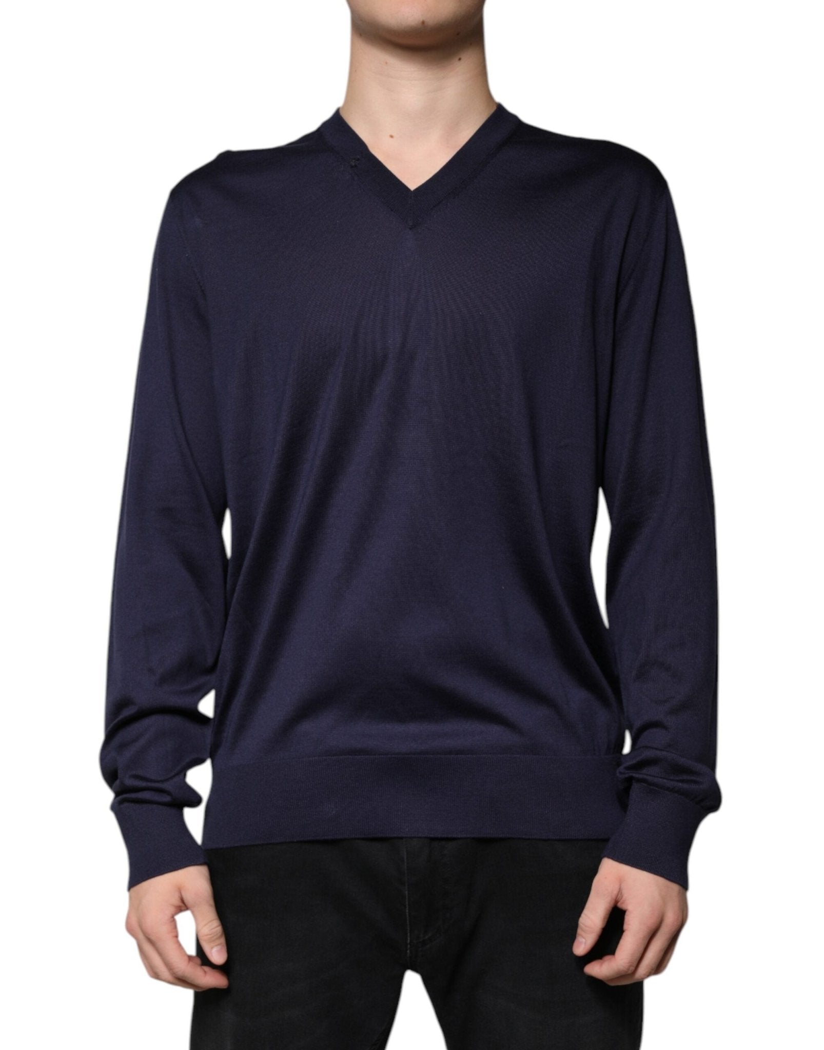 Dolce & Gabbana Navy Blue Silk V-neck Pullover Sweater - RIMODA