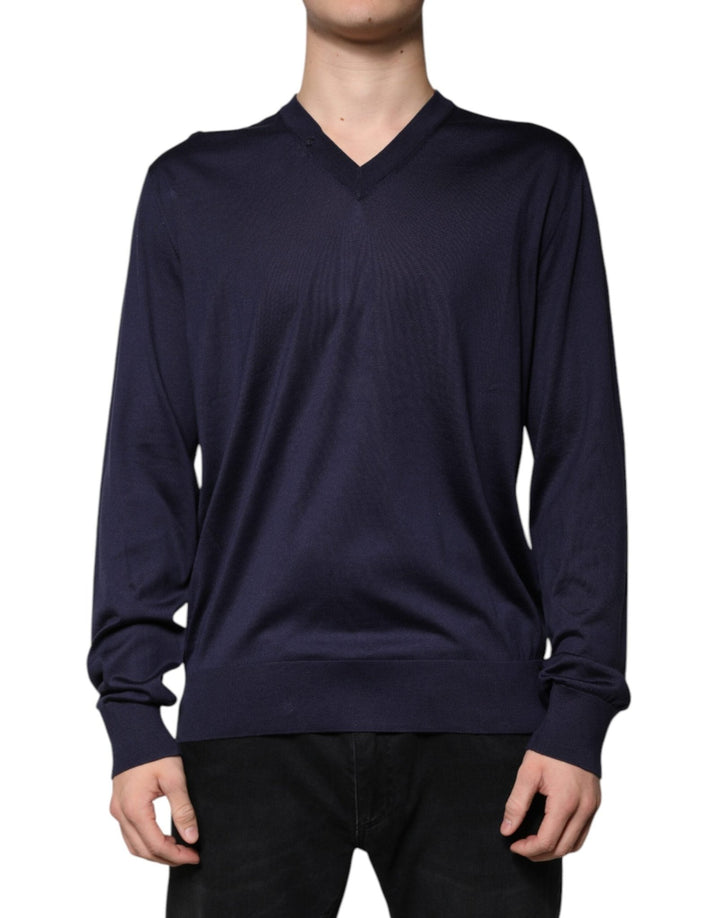 Dolce & Gabbana Navy Blue Silk V-neck Pullover Sweater - RIMODA
