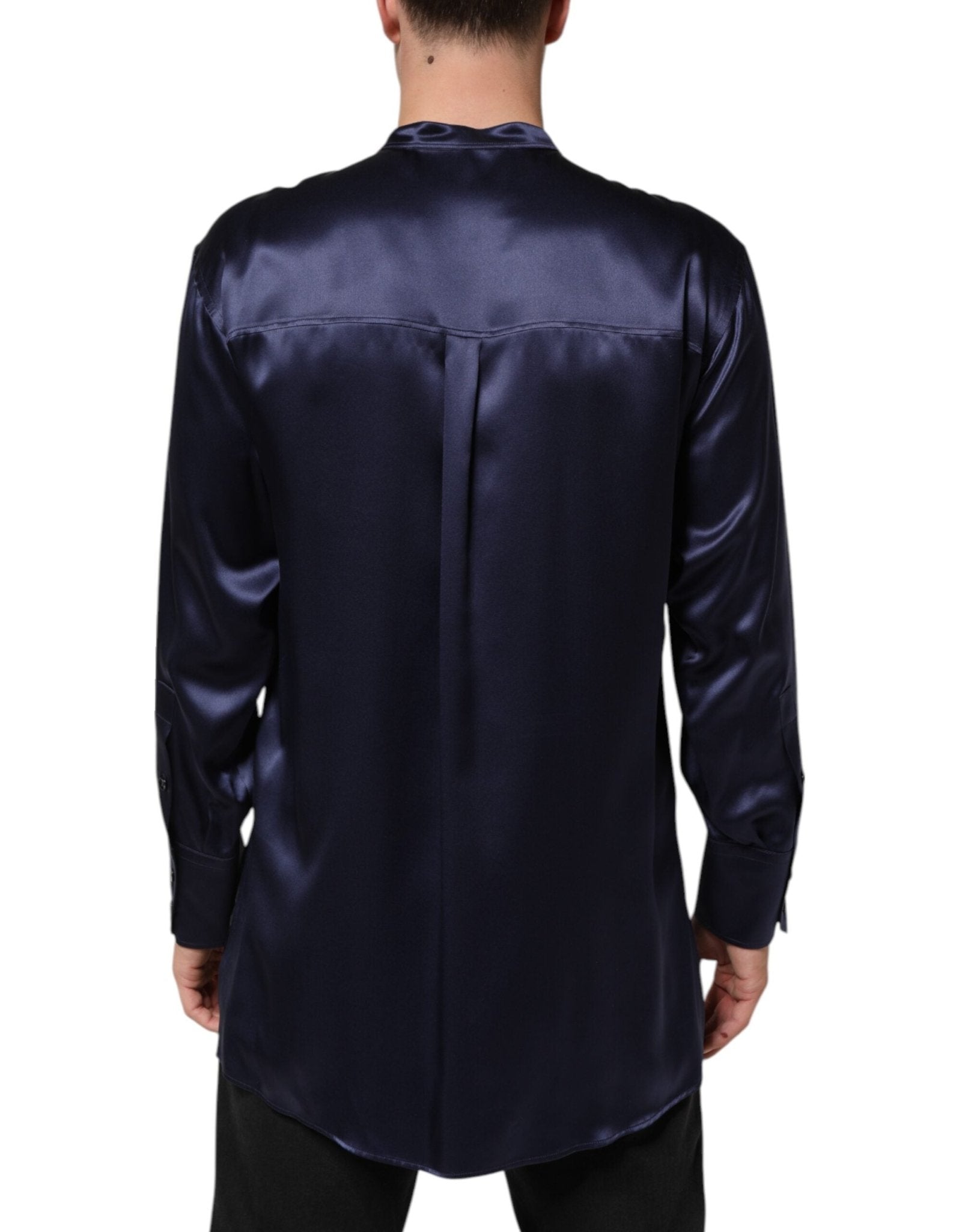 Dolce & Gabbana Navy Silk Long Sleeve Mandarin Collar Shirt - RIMODA