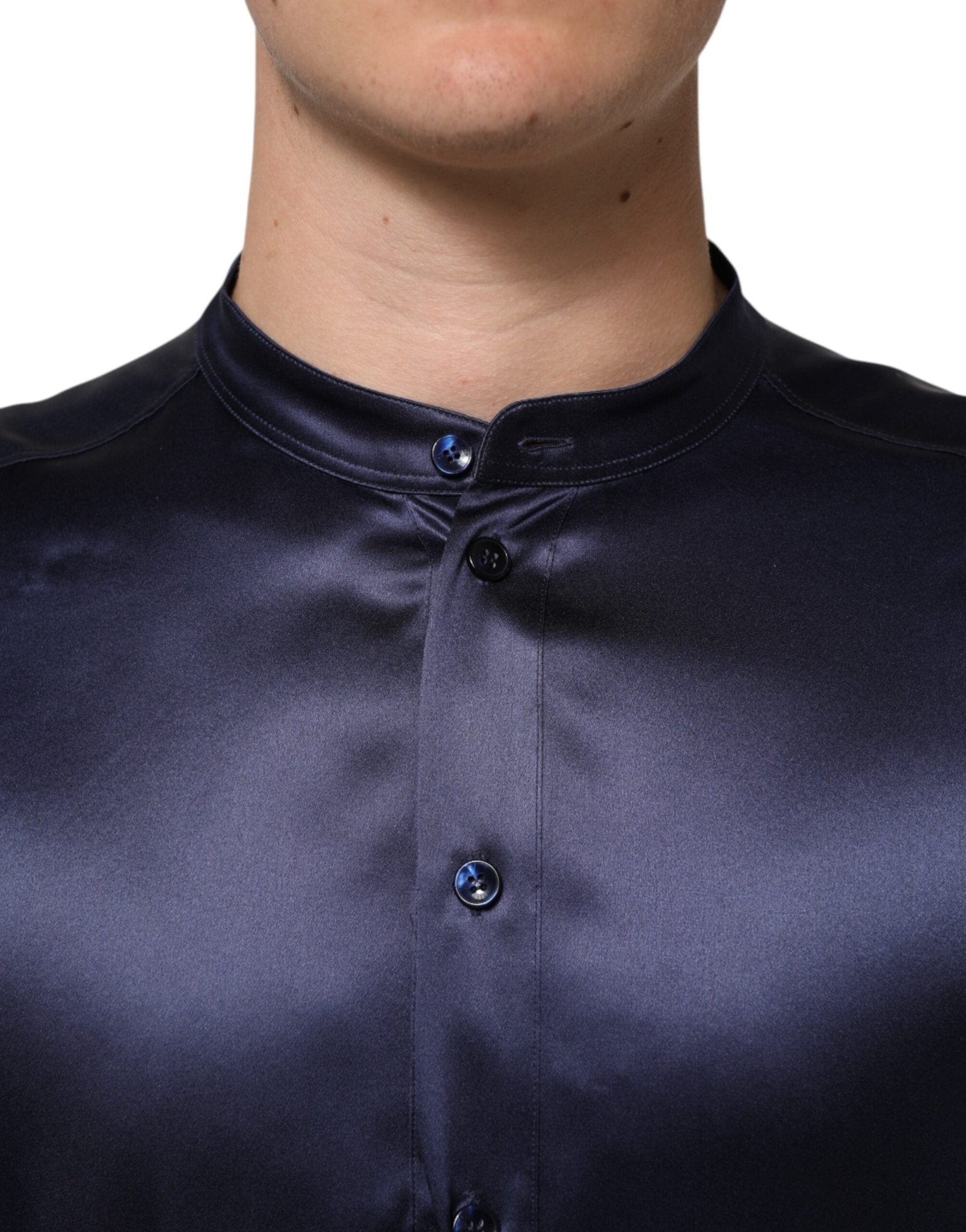 Dolce & Gabbana Navy Silk Long Sleeve Mandarin Collar Shirt - RIMODA