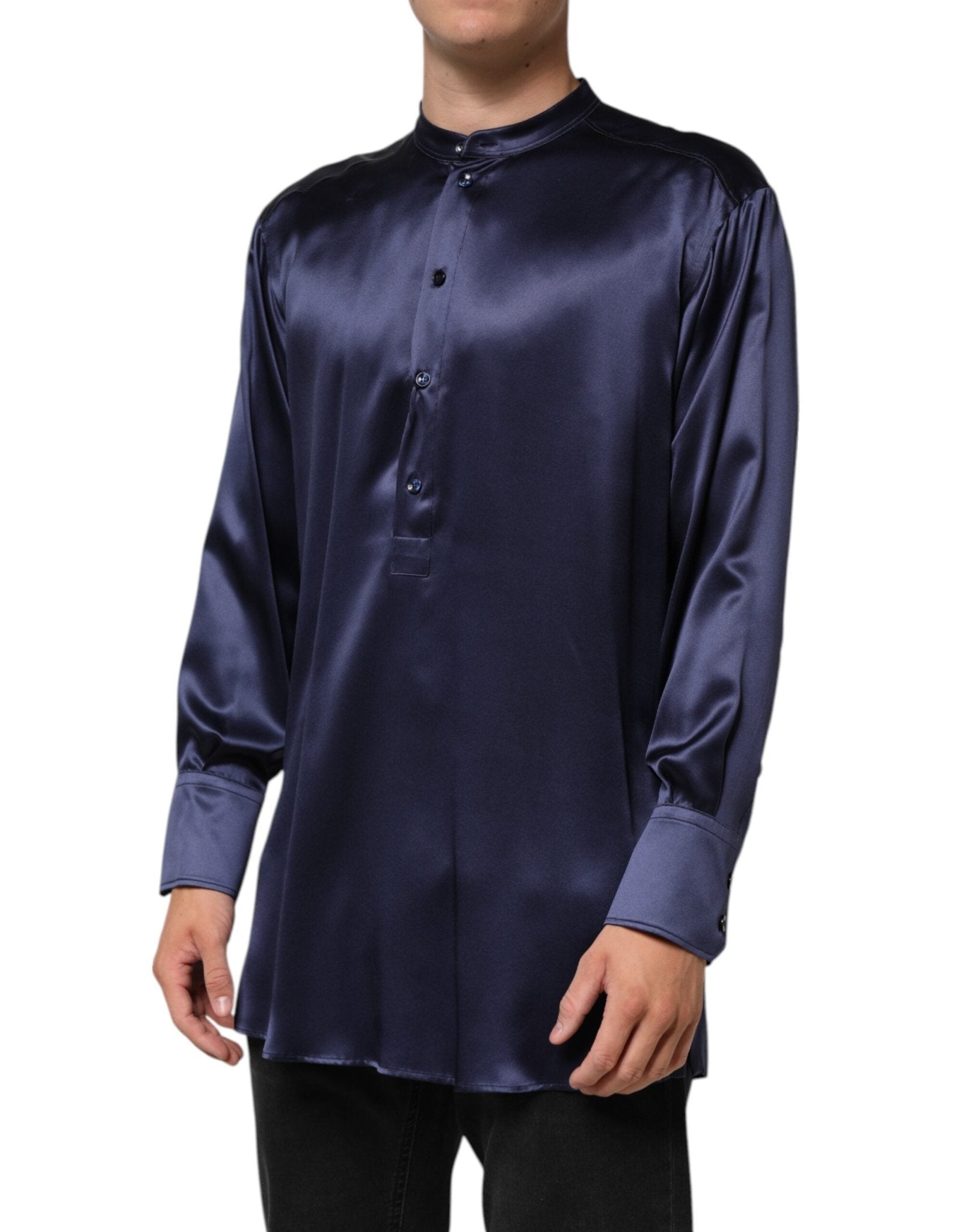 Dolce & Gabbana Navy Silk Long Sleeve Mandarin Collar Shirt - RIMODA