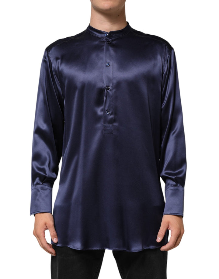 Dolce & Gabbana Navy Silk Long Sleeve Mandarin Collar Shirt - RIMODA