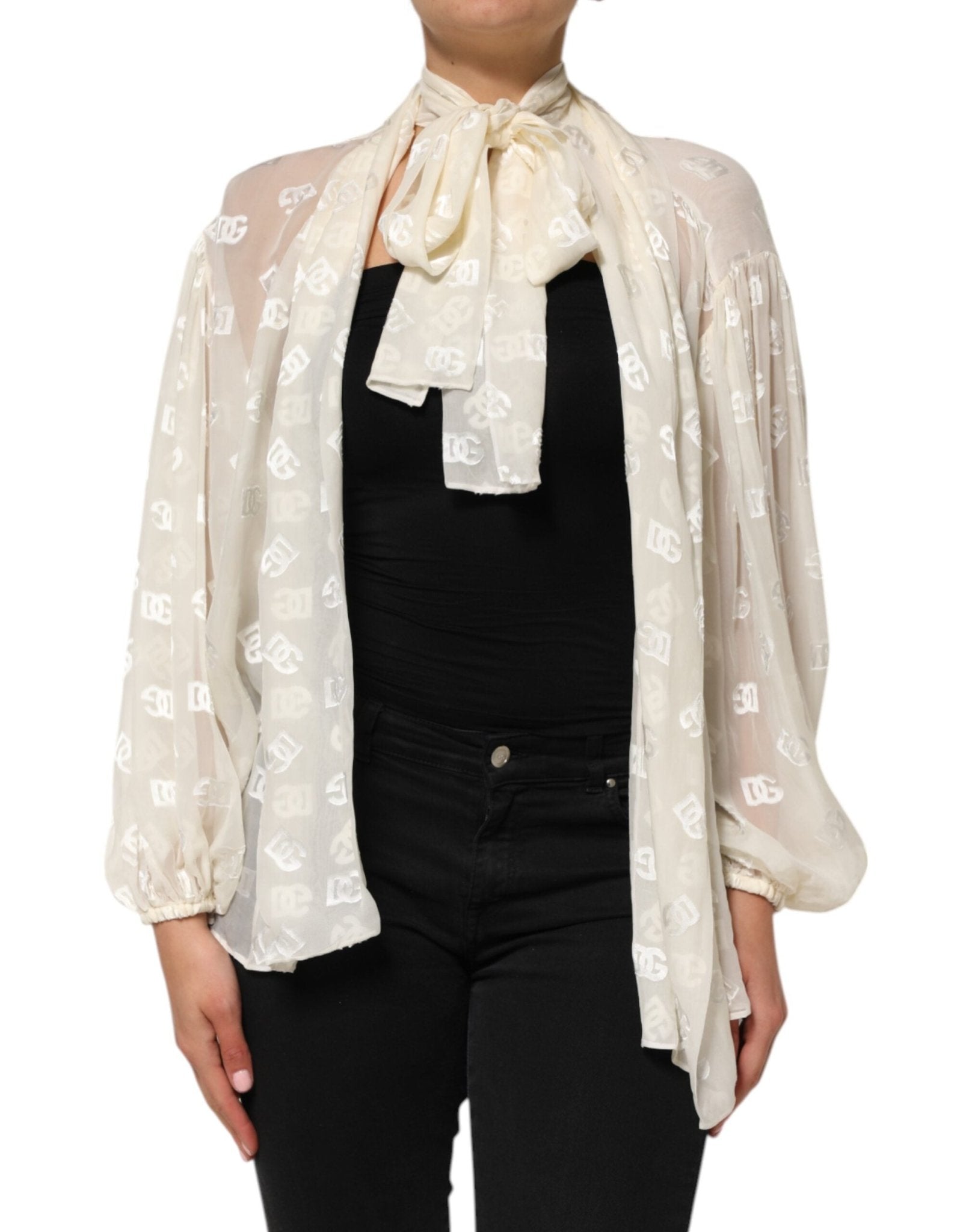 Dolce & Gabbana Off White Logo Monogram Ascot Collar Top - RIMODA