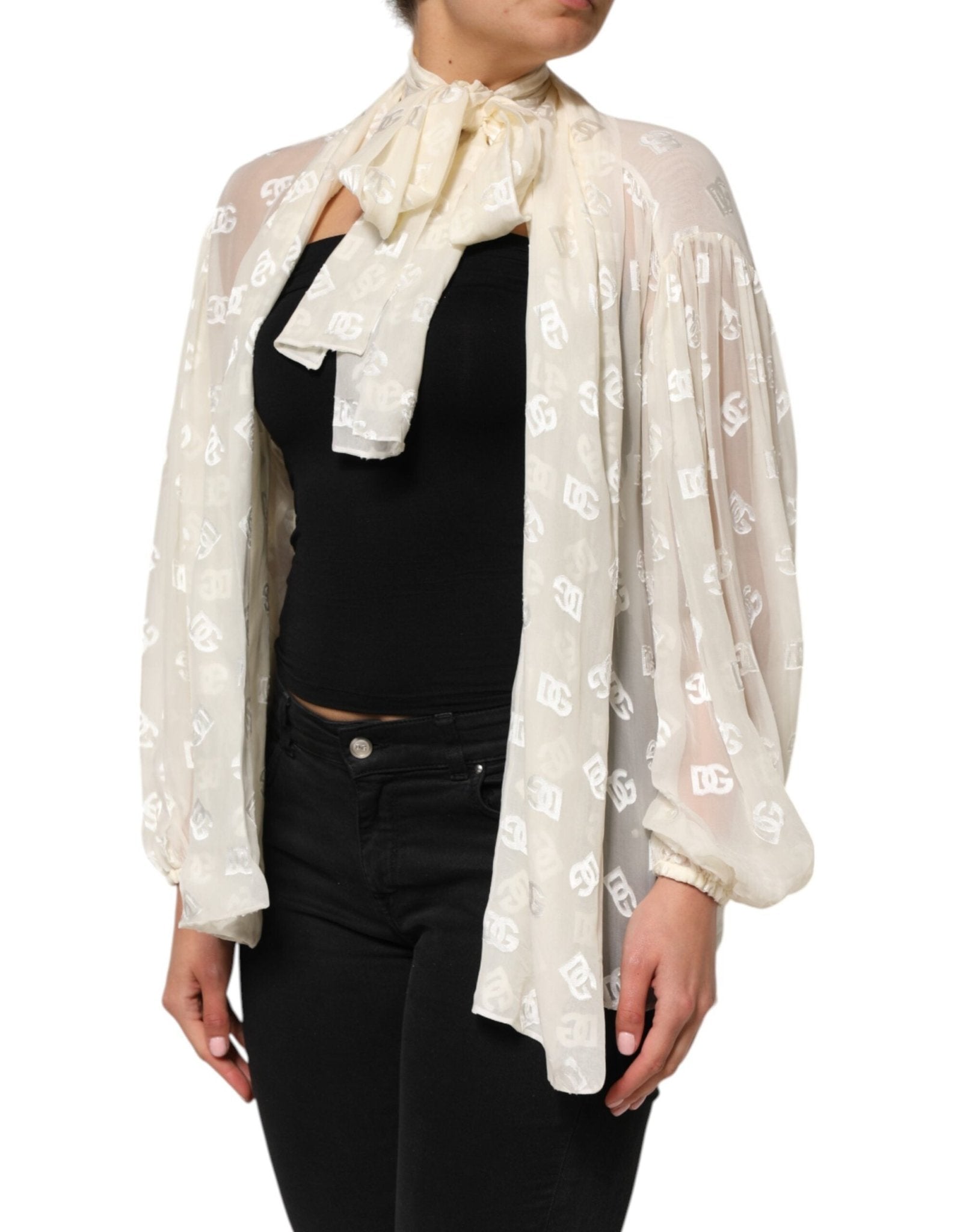 Dolce & Gabbana Off White Logo Monogram Ascot Collar Top - RIMODA