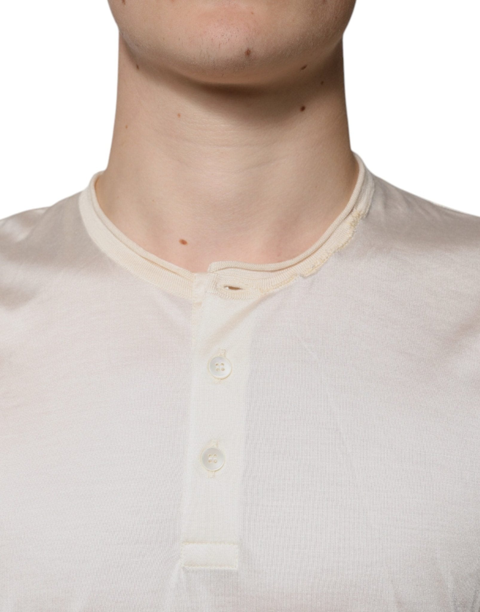 Dolce & Gabbana Off White Silk Crew Neck Henley T-shirt - RIMODA