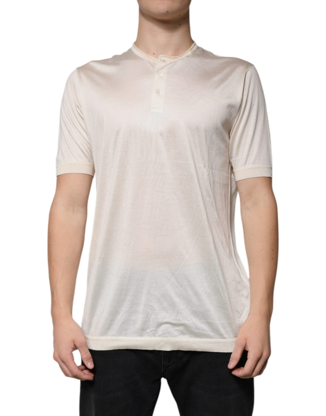 Dolce & Gabbana Off White Silk Crew Neck Henley T-shirt - RIMODA
