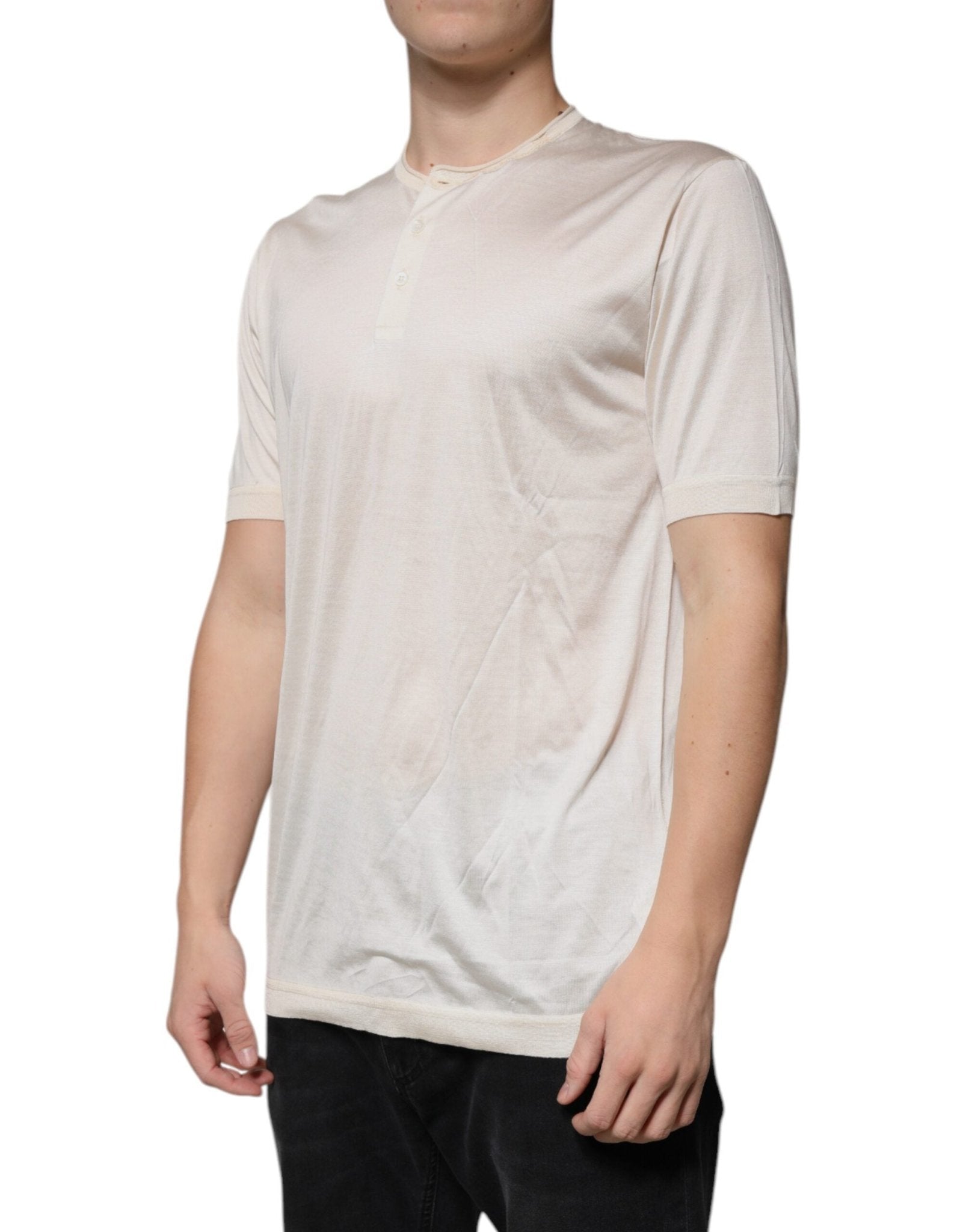 Dolce & Gabbana Off White Silk Crew Neck Henley T-shirt - RIMODA