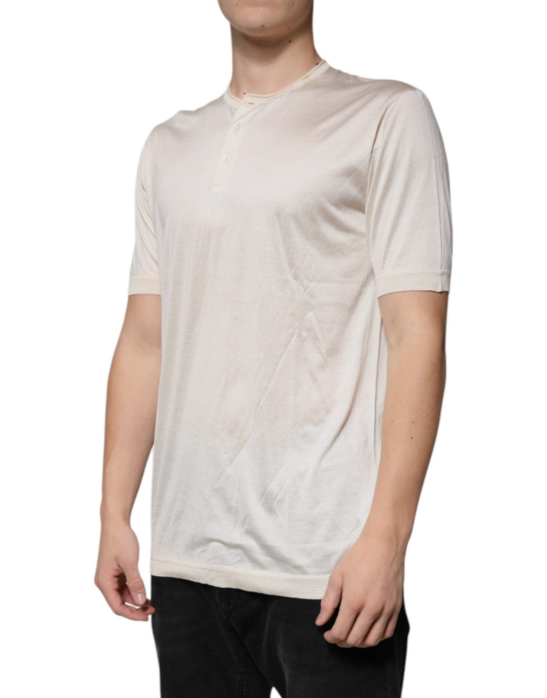Dolce & Gabbana Off White Silk Crew Neck Henley T-shirt - RIMODA