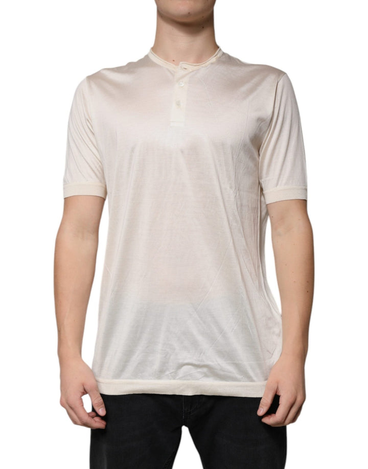 Dolce & Gabbana Off White Silk Crew Neck Henley T-shirt - RIMODA