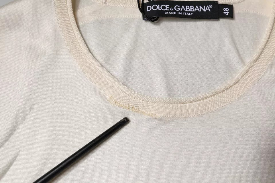 Dolce & Gabbana Off White Silk Crew Neck Short Sleeve T-shirt - RIMODA