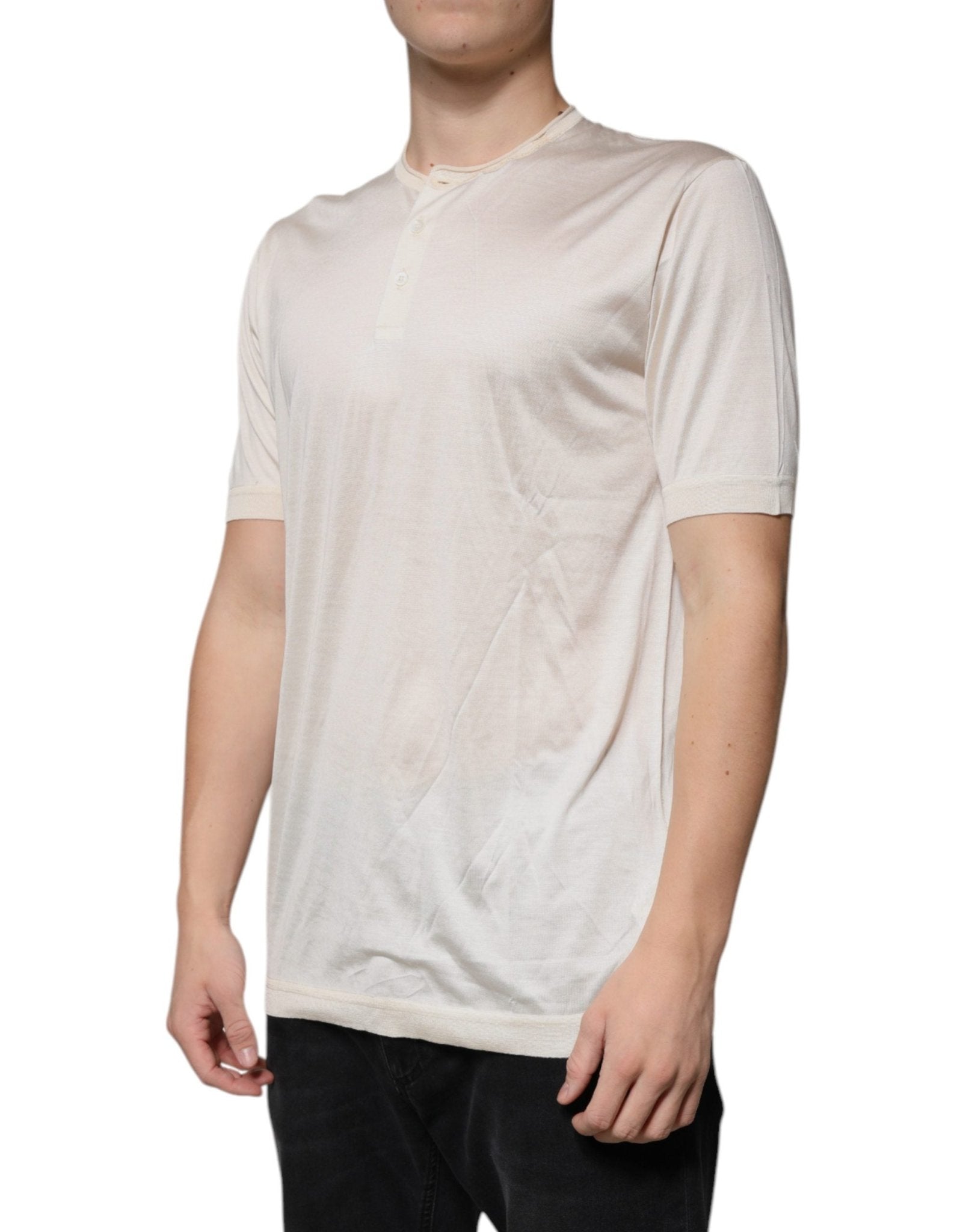 Dolce & Gabbana Off White Silk Henley Short Sleeves T-shirt - RIMODA