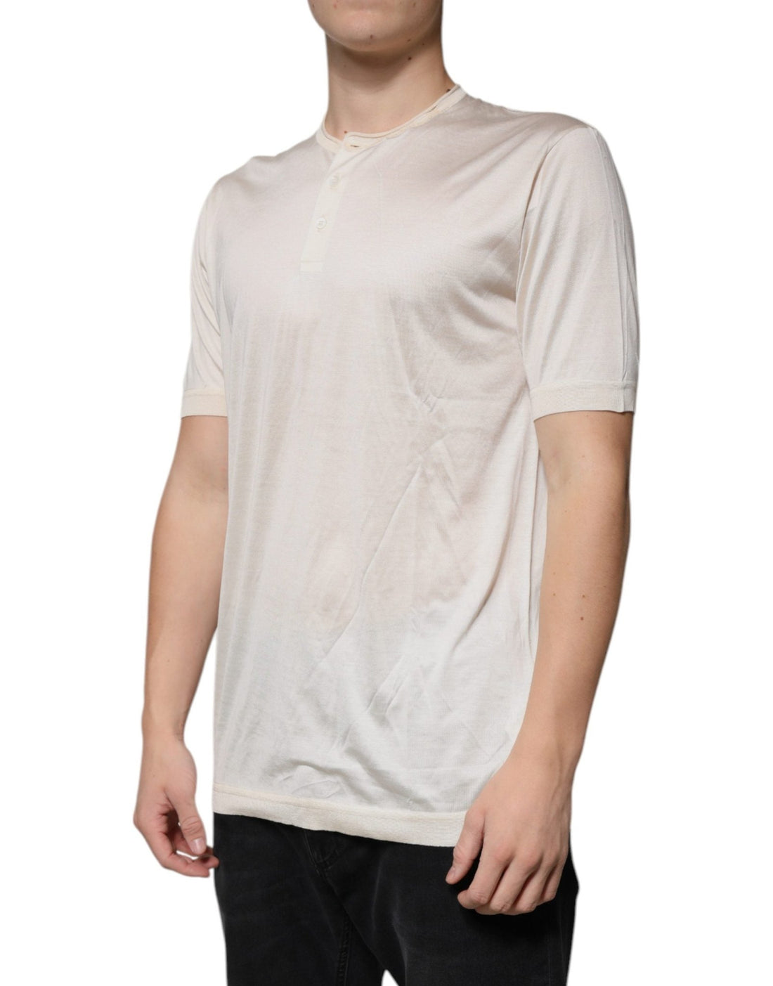 Dolce & Gabbana Off White Silk Henley Short Sleeves T-shirt - RIMODA