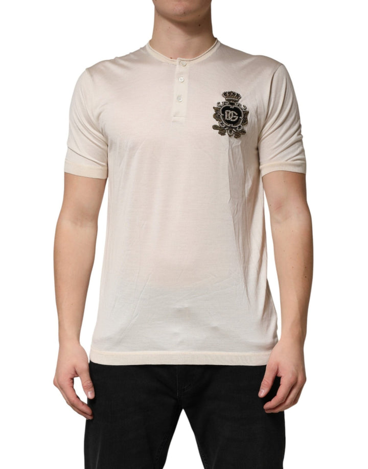 Dolce & Gabbana Off White Silk Logo Patch Men Henley T-shirt - RIMODA