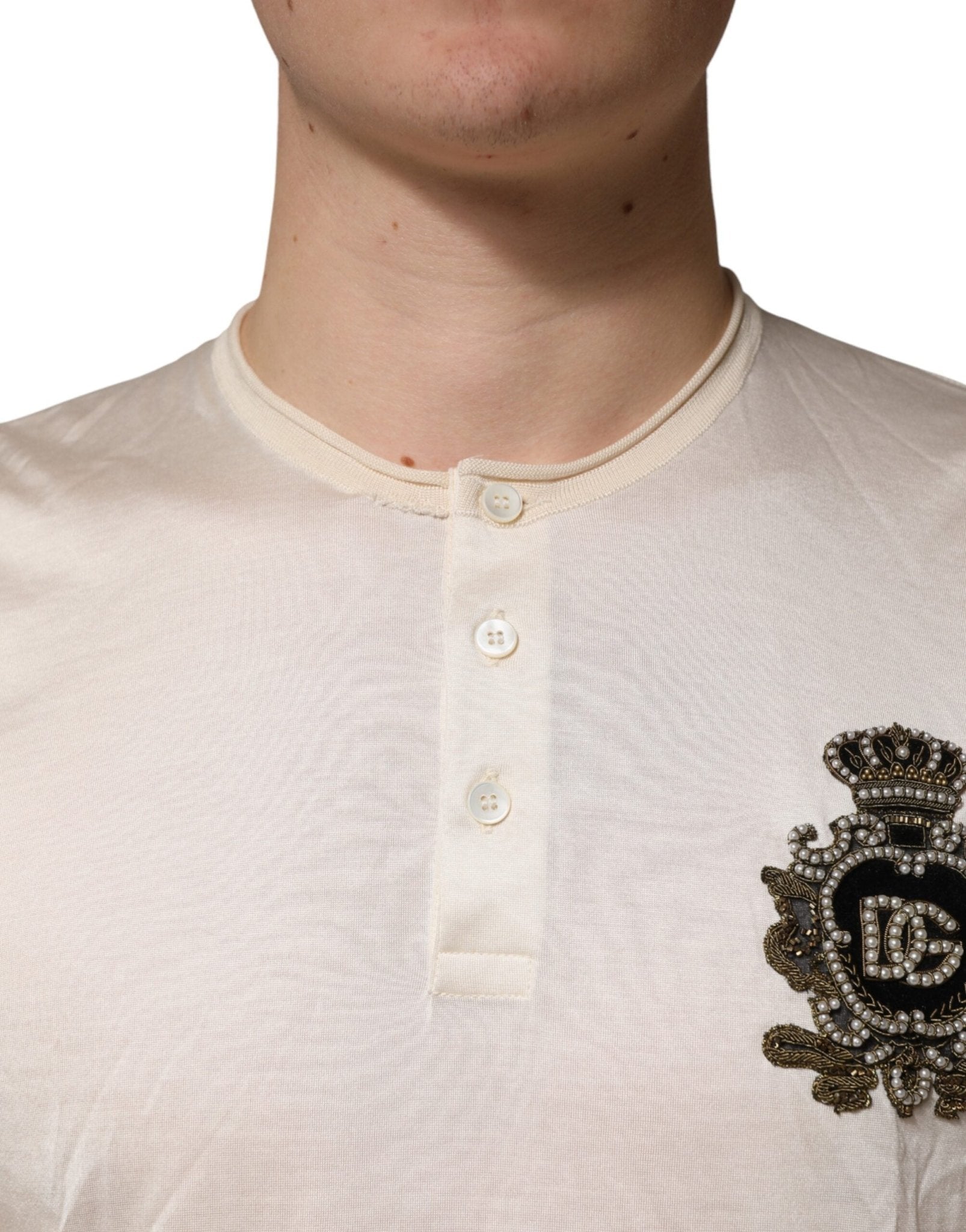 Dolce & Gabbana Off White Silk Logo Patch Men Henley T-shirt - RIMODA