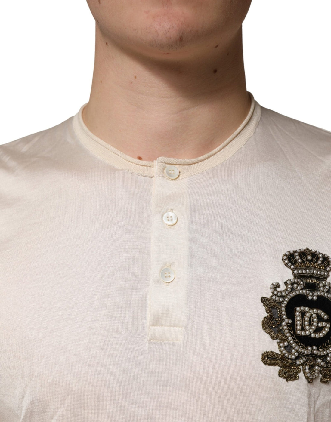 Dolce & Gabbana Off White Silk Logo Patch Men Henley T-shirt - RIMODA