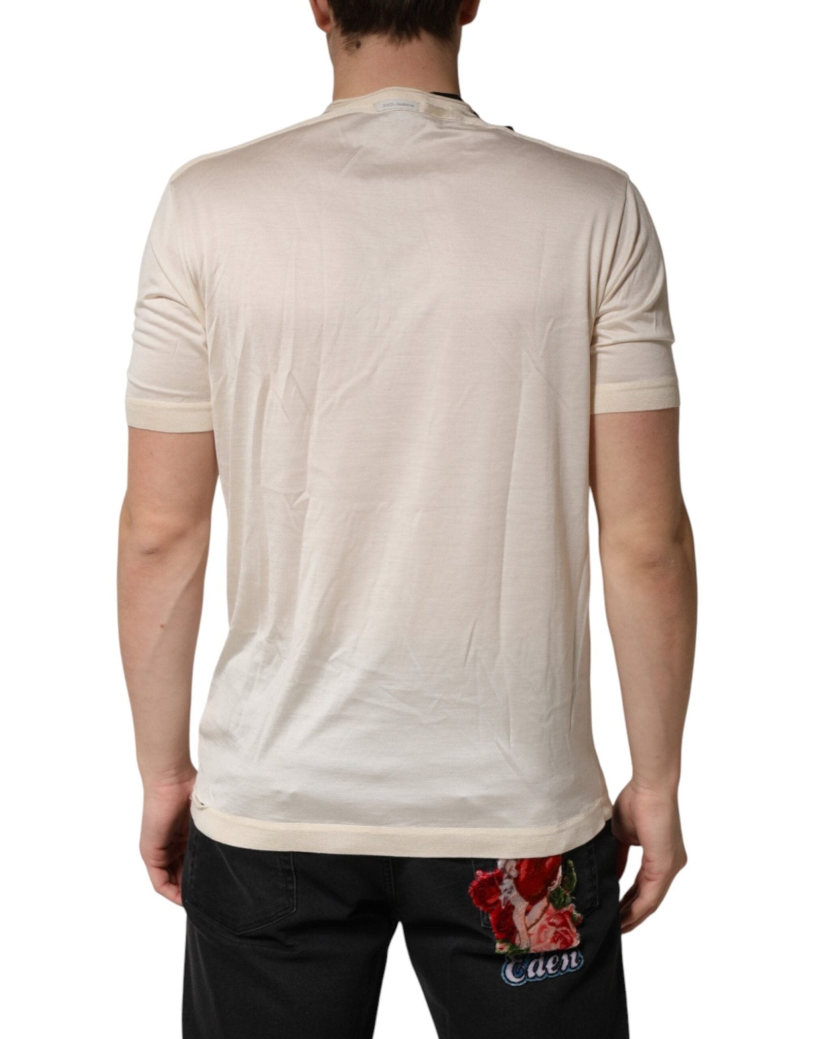 Dolce & Gabbana Off White Silk Logo Patch Men Henley T-shirt - RIMODA