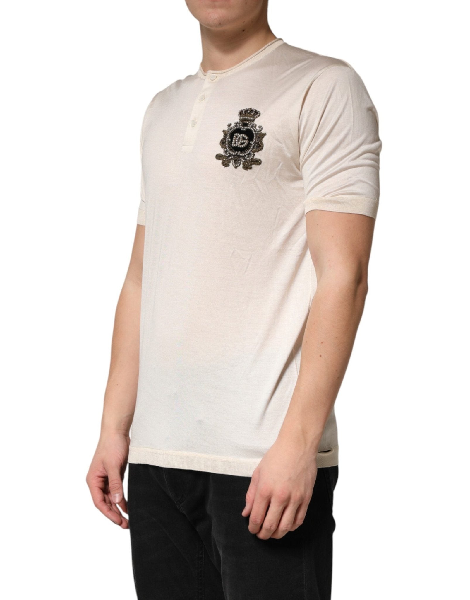 Dolce & Gabbana Off White Silk Logo Patch Men Henley T-shirt - RIMODA
