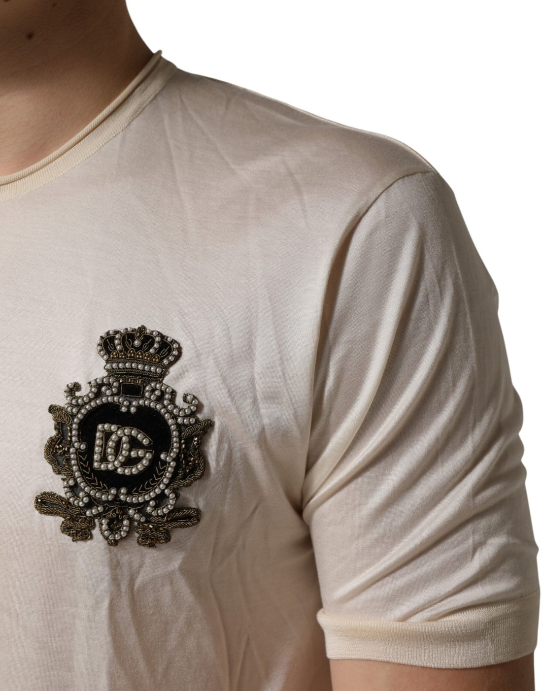 Dolce & Gabbana Off White Silk Logo Patch Men Henley T-shirt - RIMODA