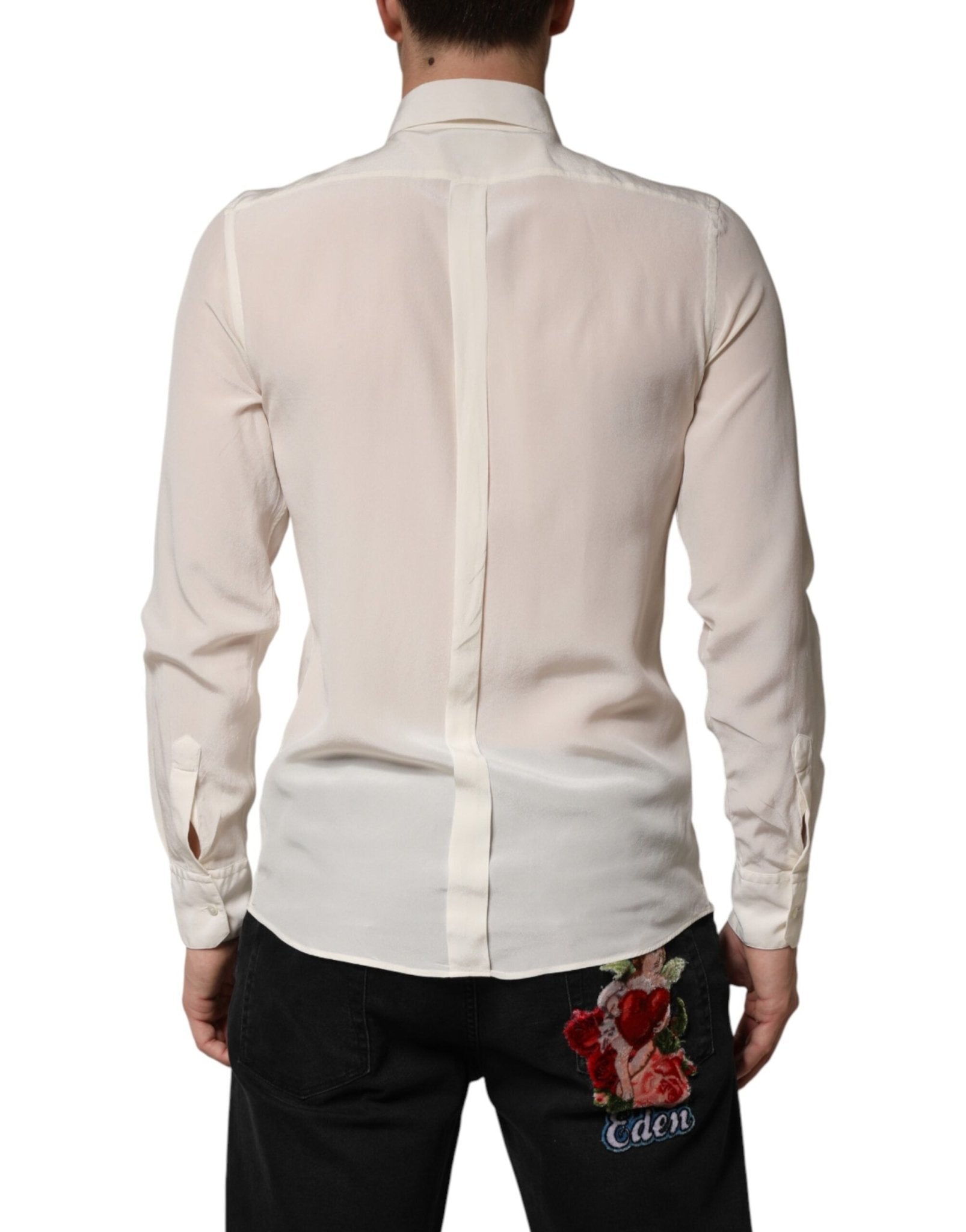 Dolce & Gabbana Off White Silk Men GOLD Dress Formal Shirt - RIMODA