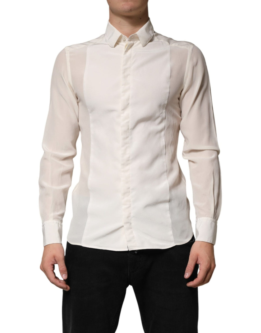 Dolce & Gabbana Off White Silk Men GOLD Dress Formal Shirt - RIMODA