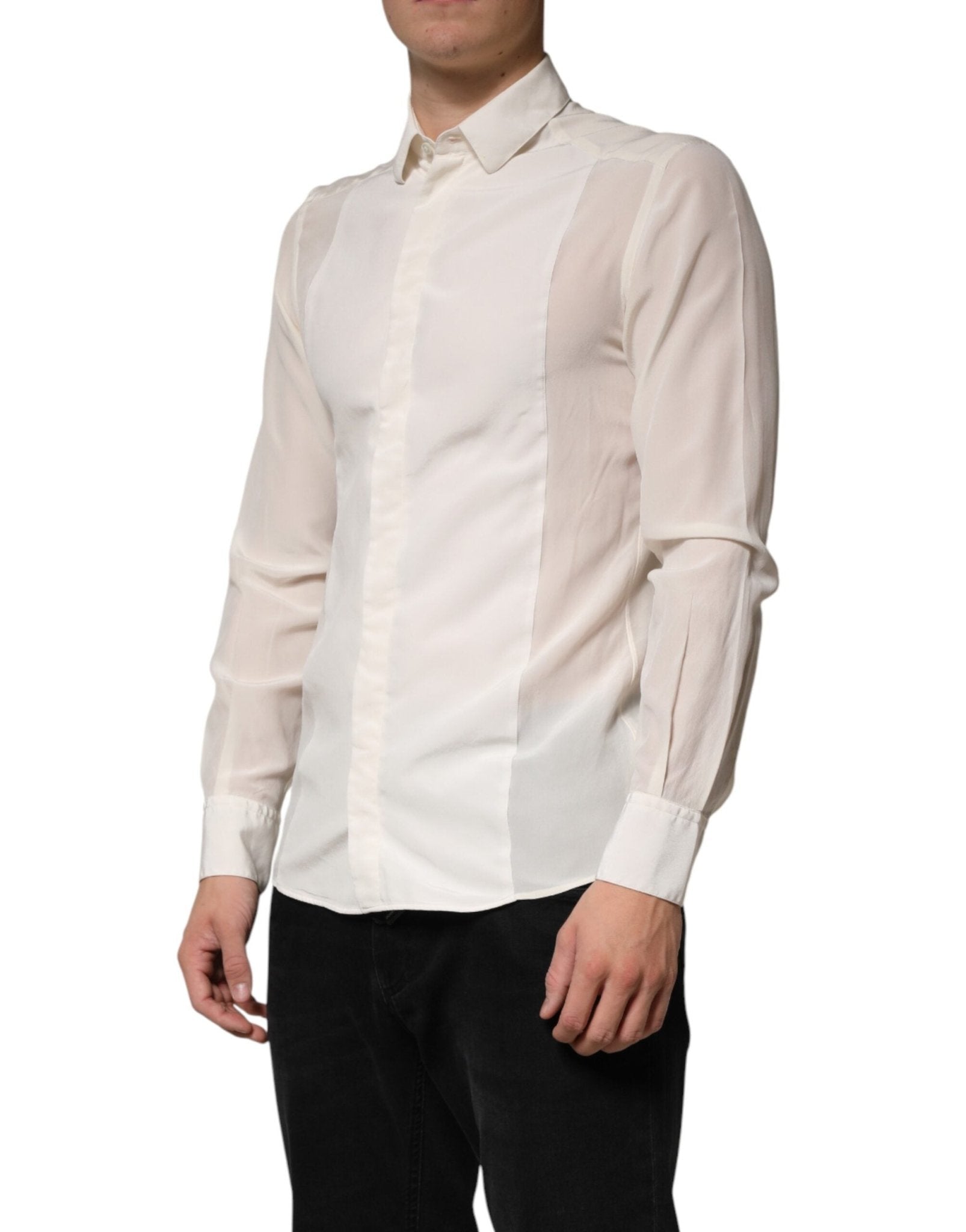 Dolce & Gabbana Off White Silk Men GOLD Dress Formal Shirt - RIMODA