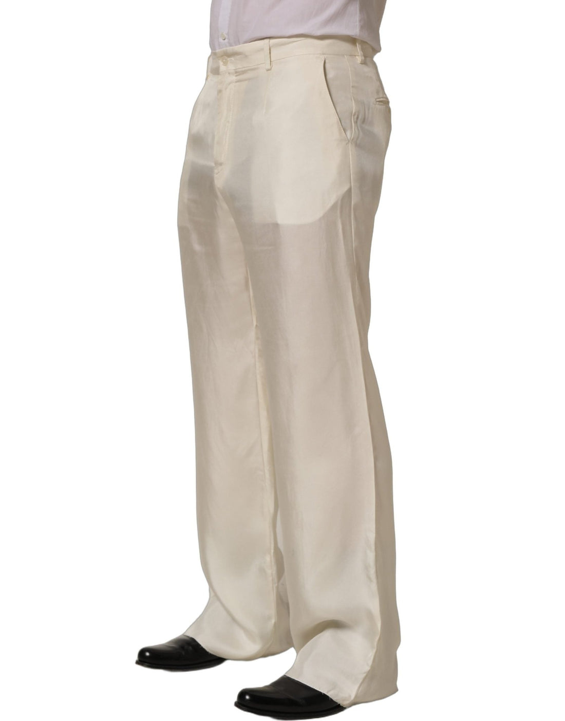 Dolce & Gabbana Off White Silk Straight Wide Leg Trouser Pants - RIMODA