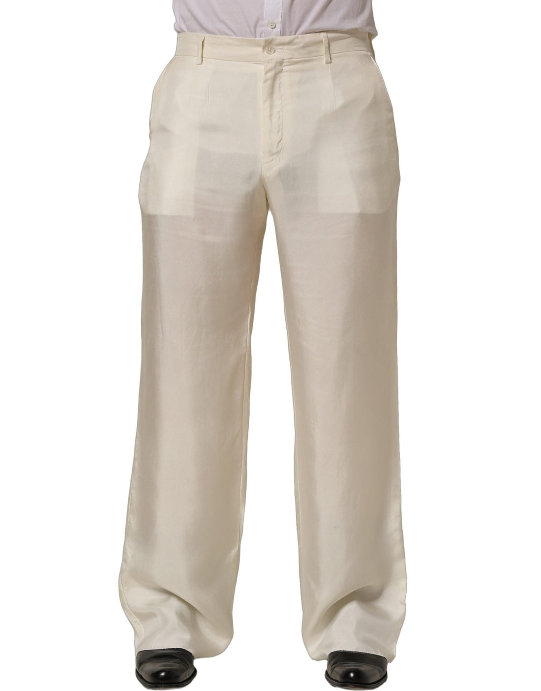 Dolce & Gabbana Off White Silk Straight Wide Leg Trouser Pants - RIMODA