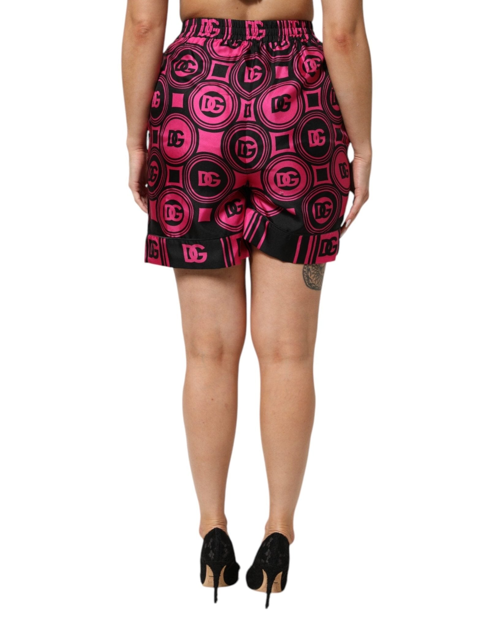 Dolce & Gabbana Pink Black Silk Logo Print DG Pattern Shorts - RIMODA