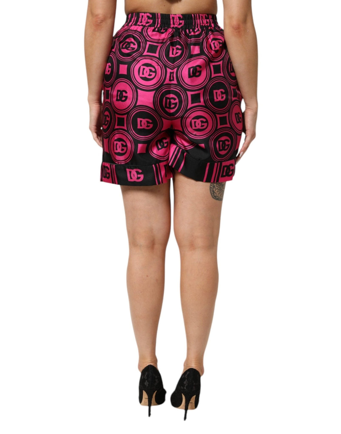 Dolce & Gabbana Pink Black Silk Logo Print DG Pattern Shorts - RIMODA