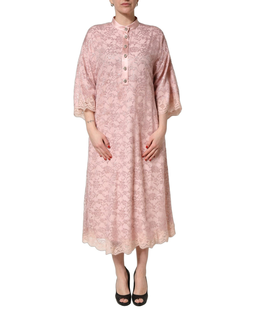 Dolce & Gabbana Pink Corded Floral Lace Kaftan Midi Dress - RIMODA