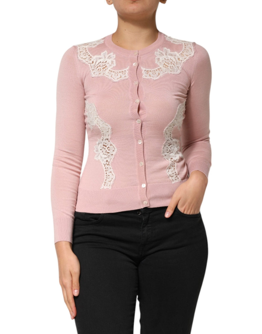 Dolce & Gabbana Pink Floral Lace Detailing Cardigan Sweater - RIMODA