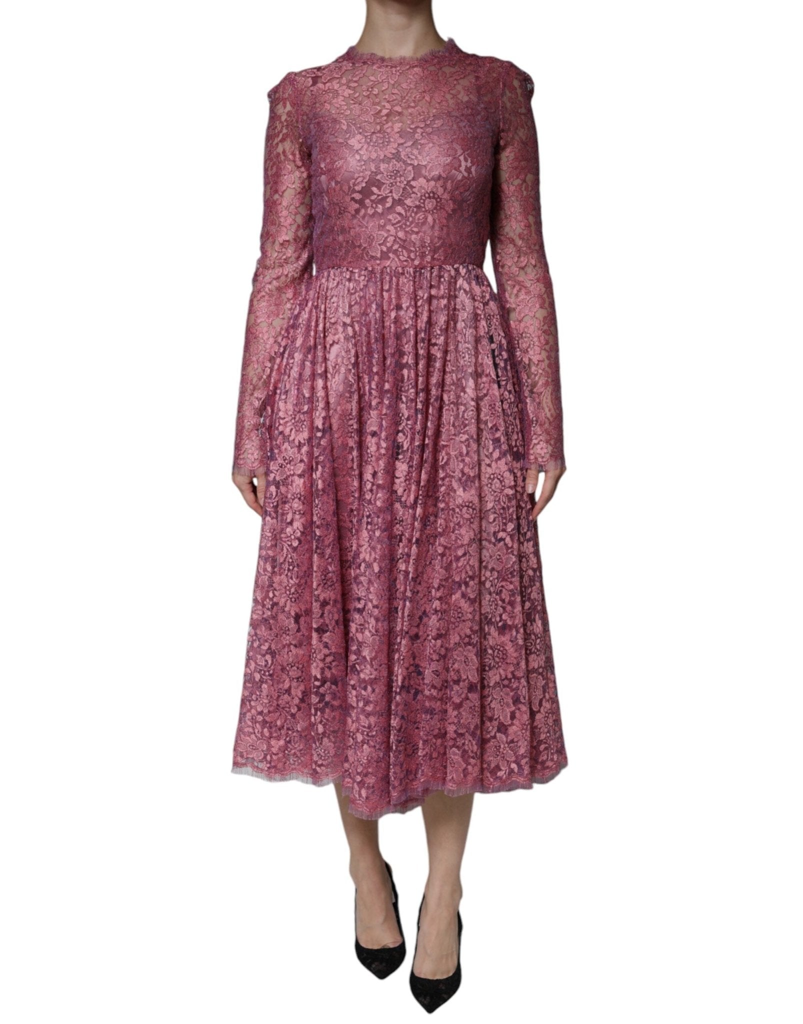 Dolce & Gabbana Pink Floral Lace Long Sleeve Midi Dress - RIMODA