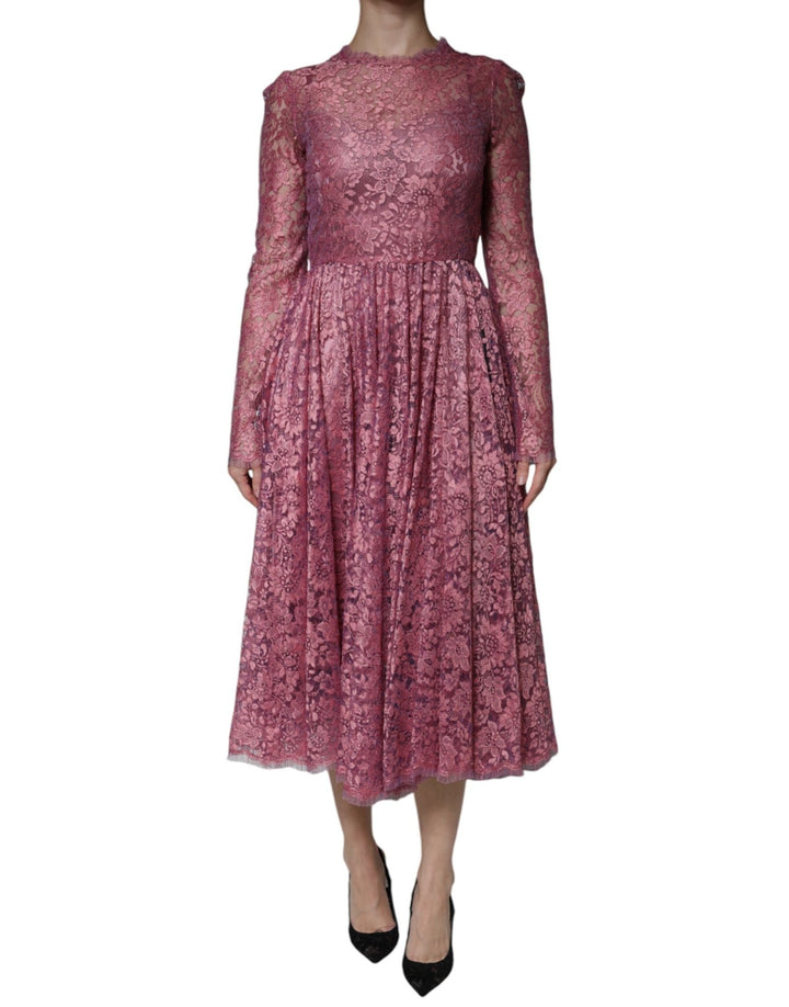 Dolce & Gabbana Pink Floral Lace Long Sleeve Midi Dress - RIMODA