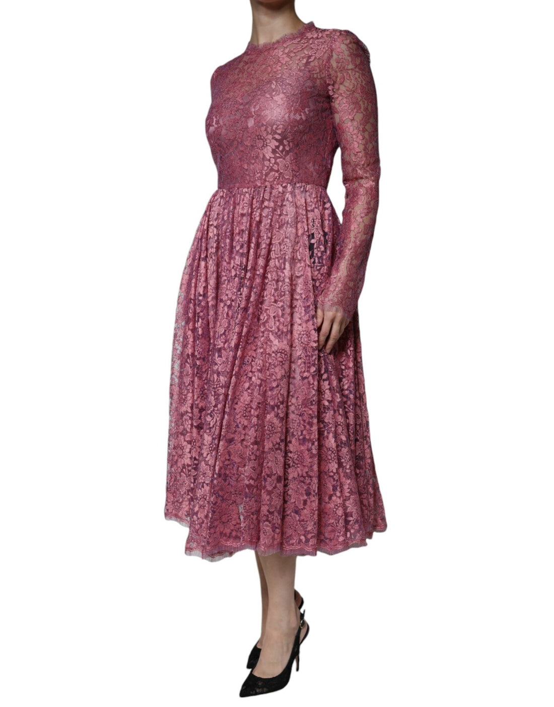 Dolce & Gabbana Pink Floral Lace Long Sleeve Midi Dress - RIMODA